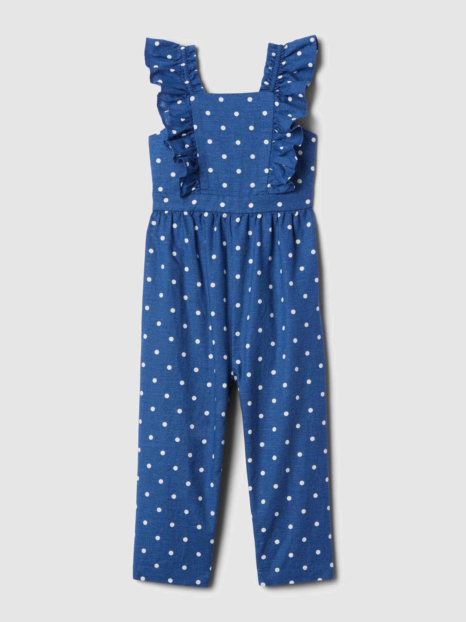 Blue Spot Linen Cotton Ruffle Sleeve Print Jumpsuit (12mths-5yrs) - Image 1 of 2