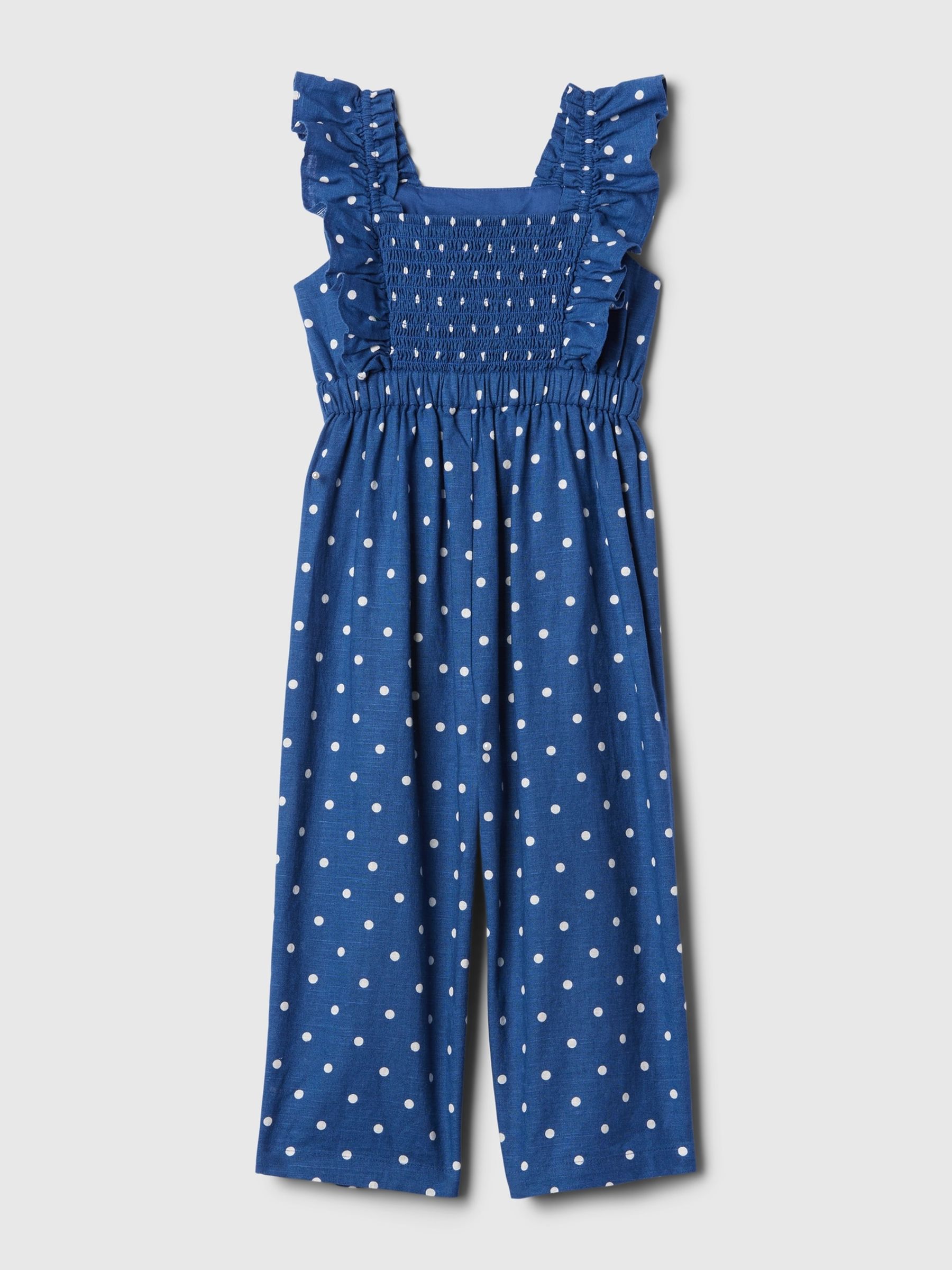 Blue Spot Linen Cotton Ruffle Sleeve Print Jumpsuit (12mths-5yrs) - Image 2 of 2