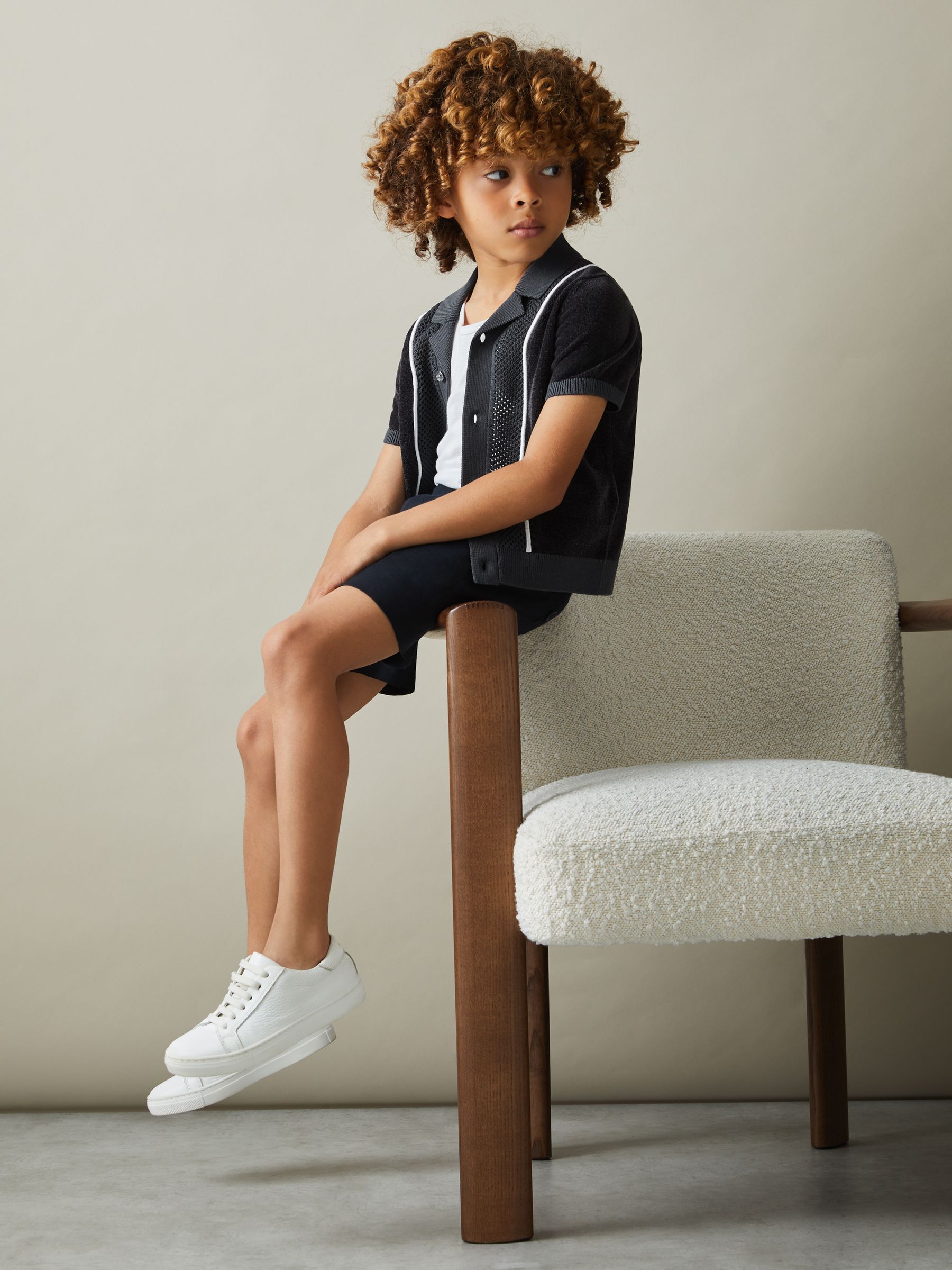 3-9 yrs Hybrid Velour Cuban Collar Shirt in Steel Blue - Image 1 of 4