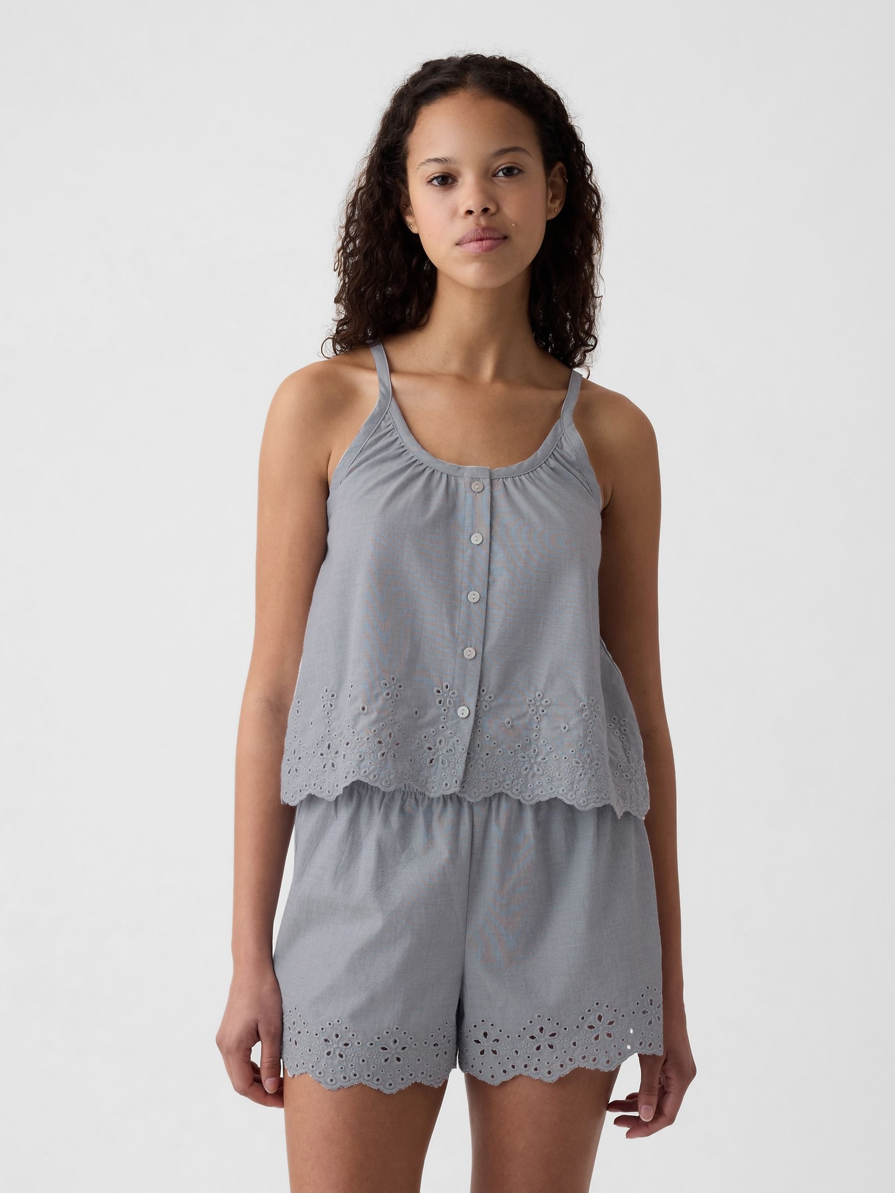 Grey Eyelet Poplin Pyjama Vest - Image 1 of 4