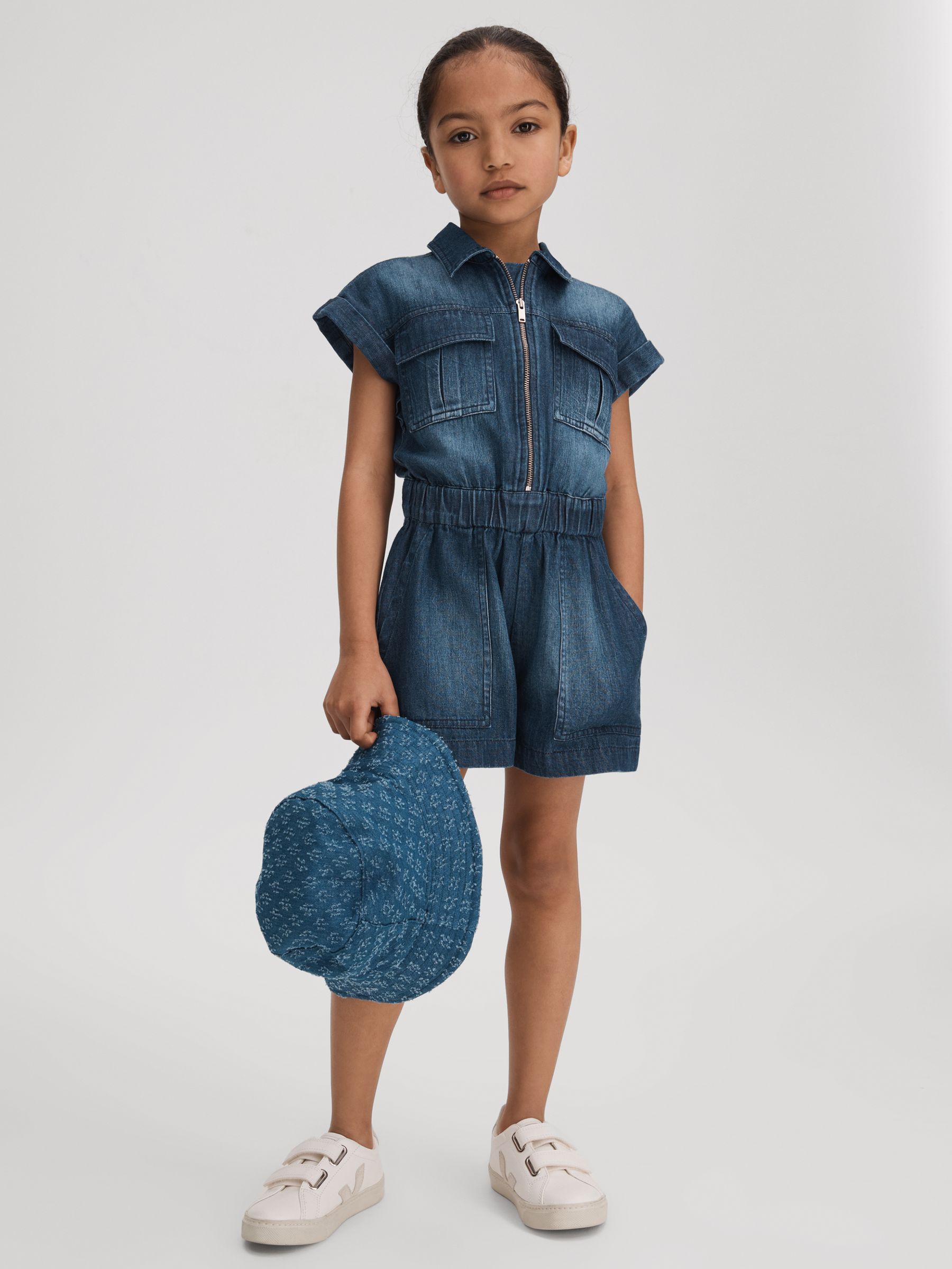 Junior Denim Zip-Front Playsuit in Blue - Image 1 of 4