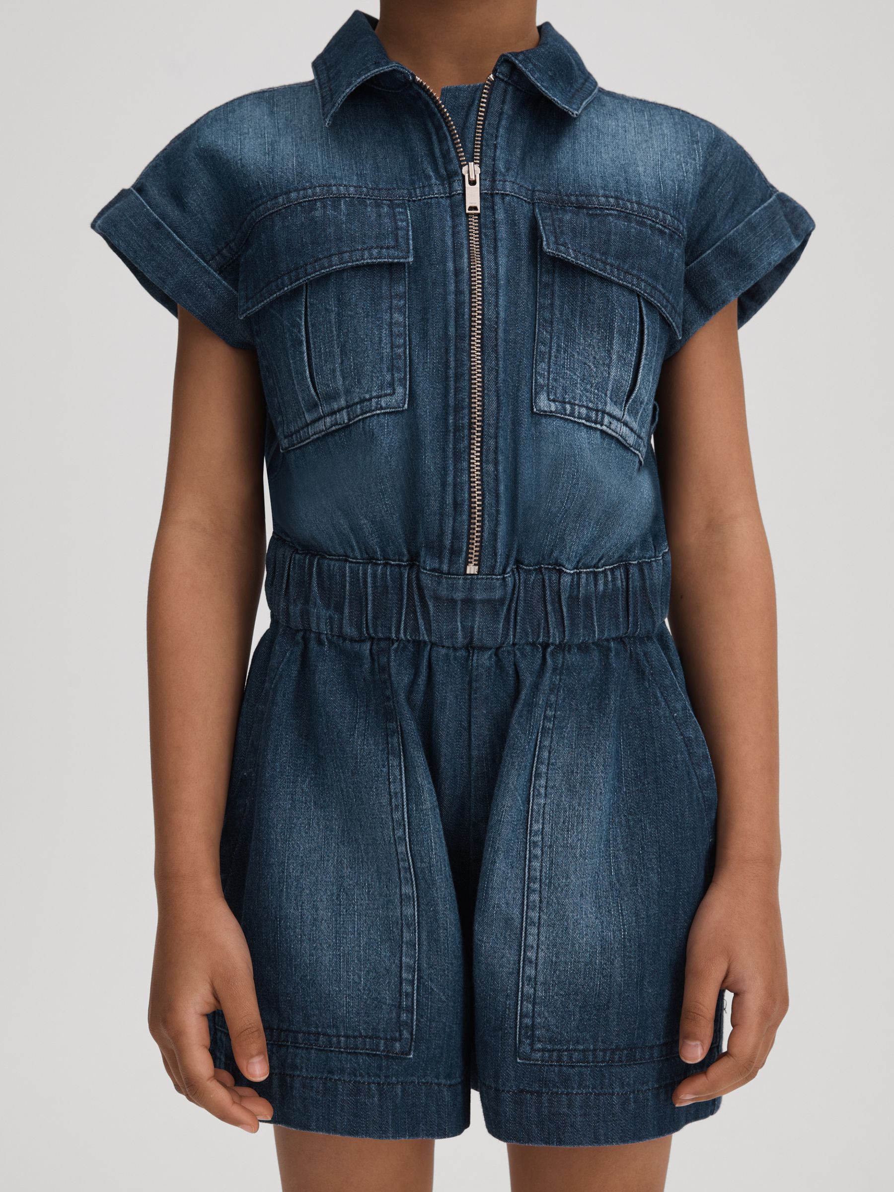 Junior Denim Zip-Front Playsuit in Blue - Image 3 of 4