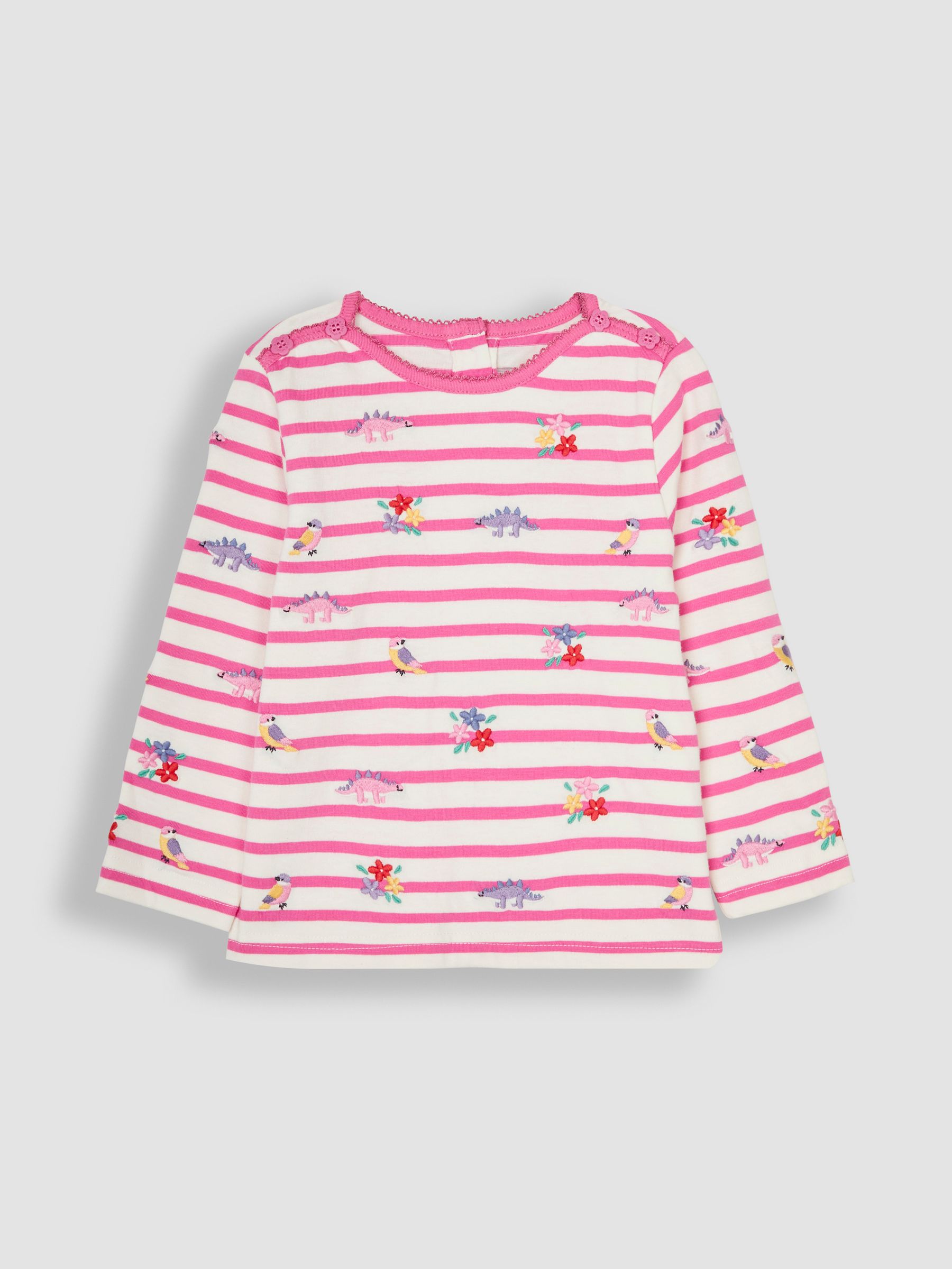 Pink Dino & Bird Button Shoulder Long Sleeve Embroidered Top - Image 1 of 3