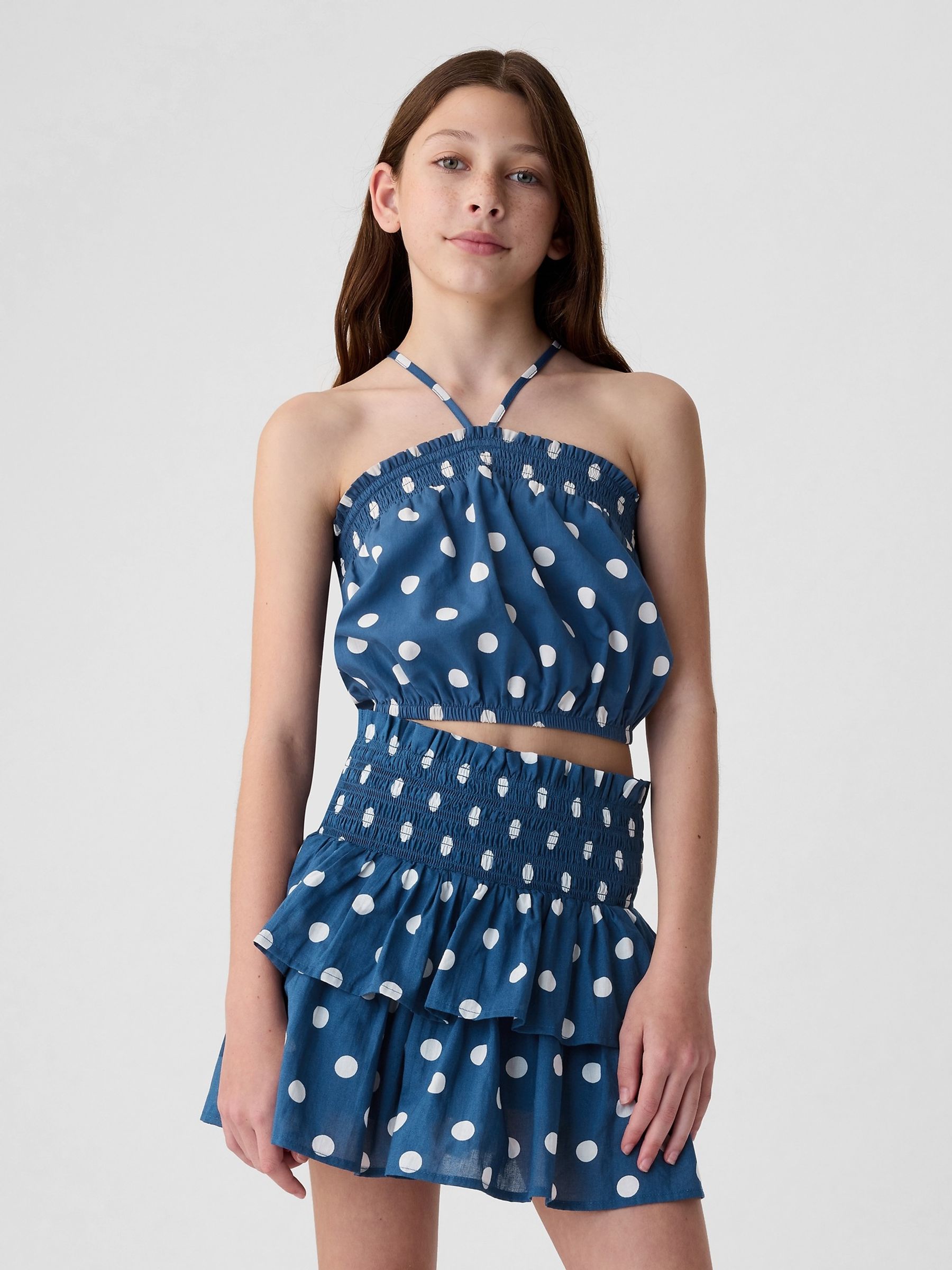 Blue Dot Cotton Smocked Halter Vest Top (4-13yrs) - Image 1 of 3