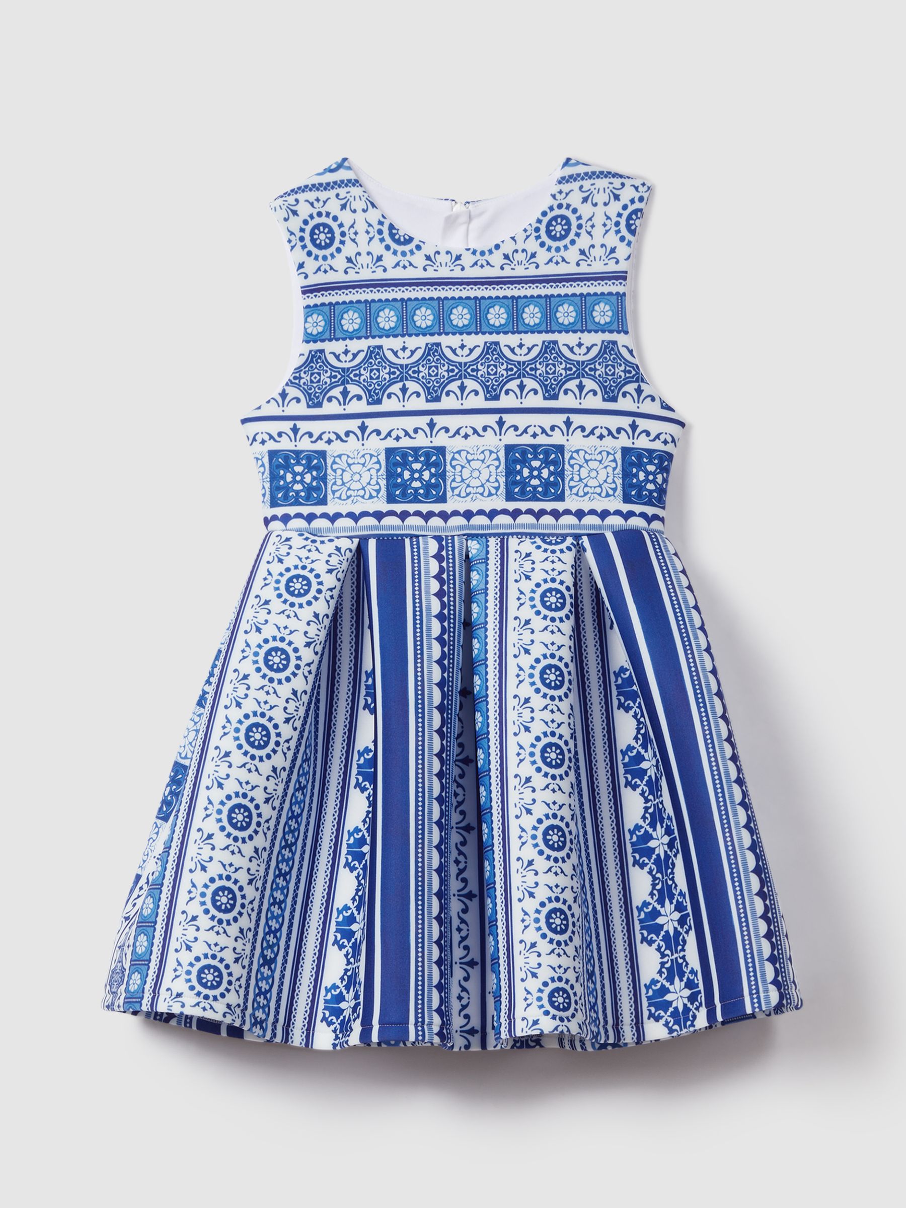 13-14 yrs Tile Print Scuba Fit-and-Flare Dress in Blue Print - Image 1 of 4