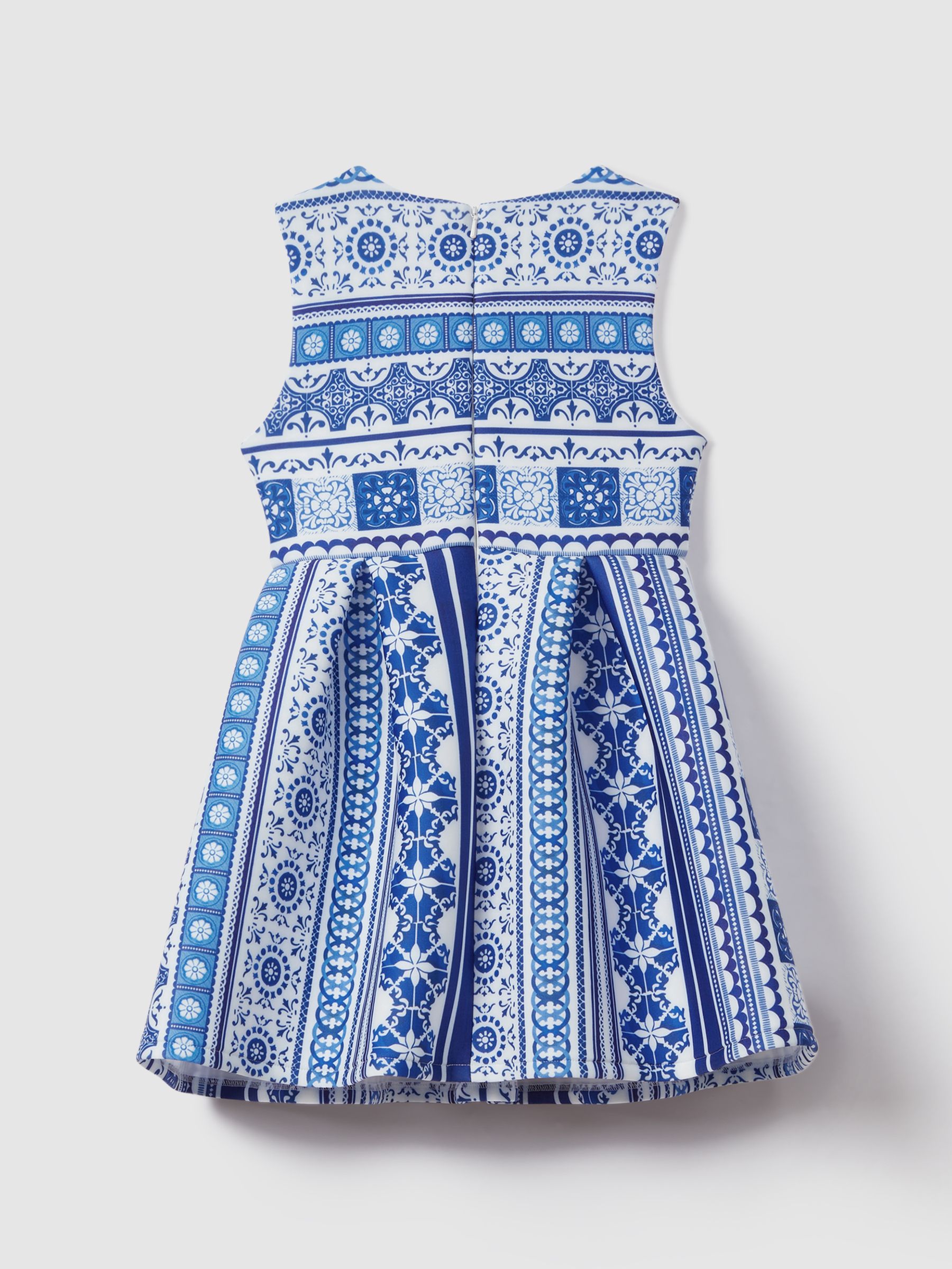 13-14 yrs Tile Print Scuba Fit-and-Flare Dress in Blue Print - Image 2 of 4