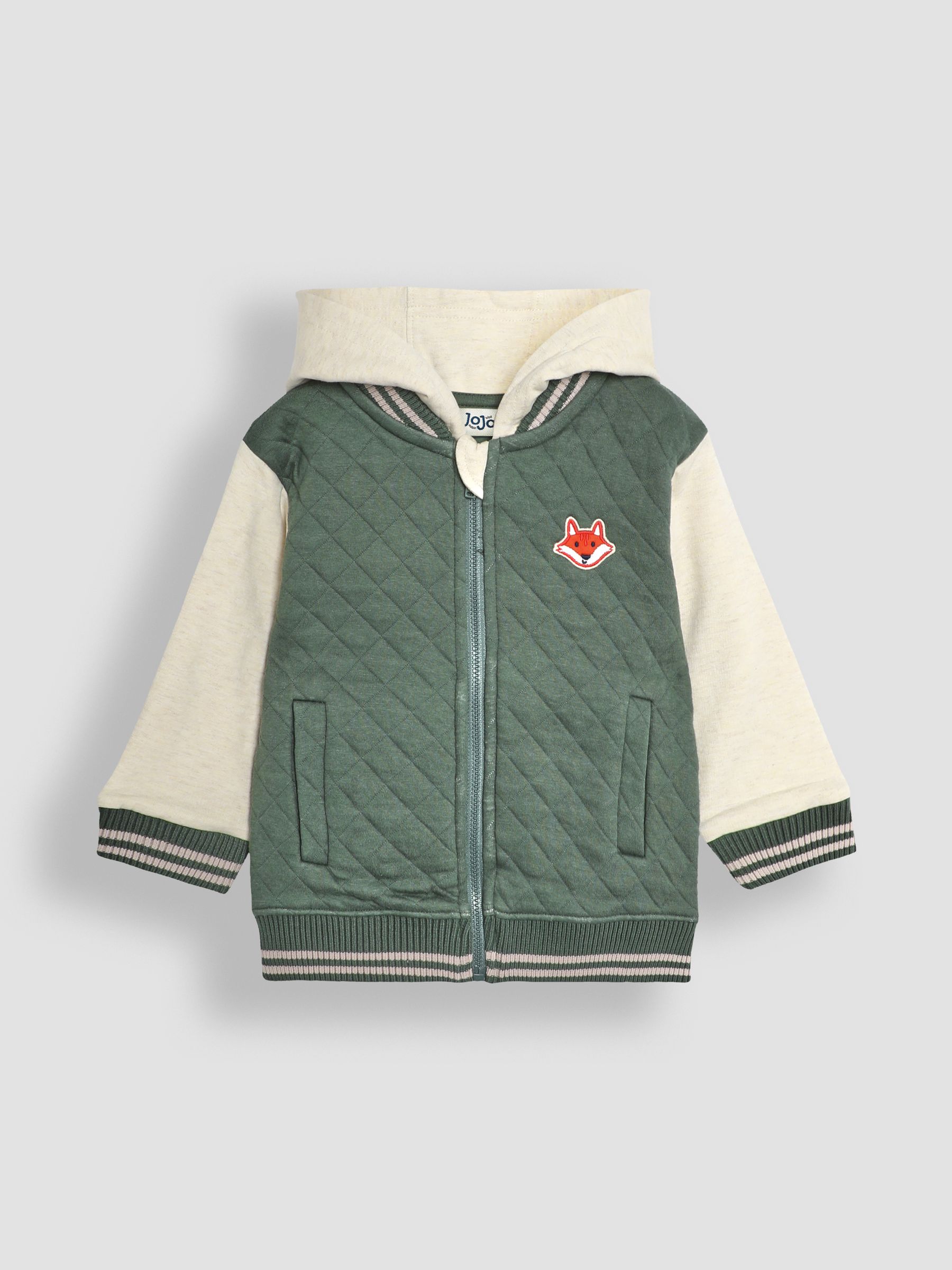 Khaki Green Fox Cotton Blend Hooded Bomber Jacket - Image 1 of 6
