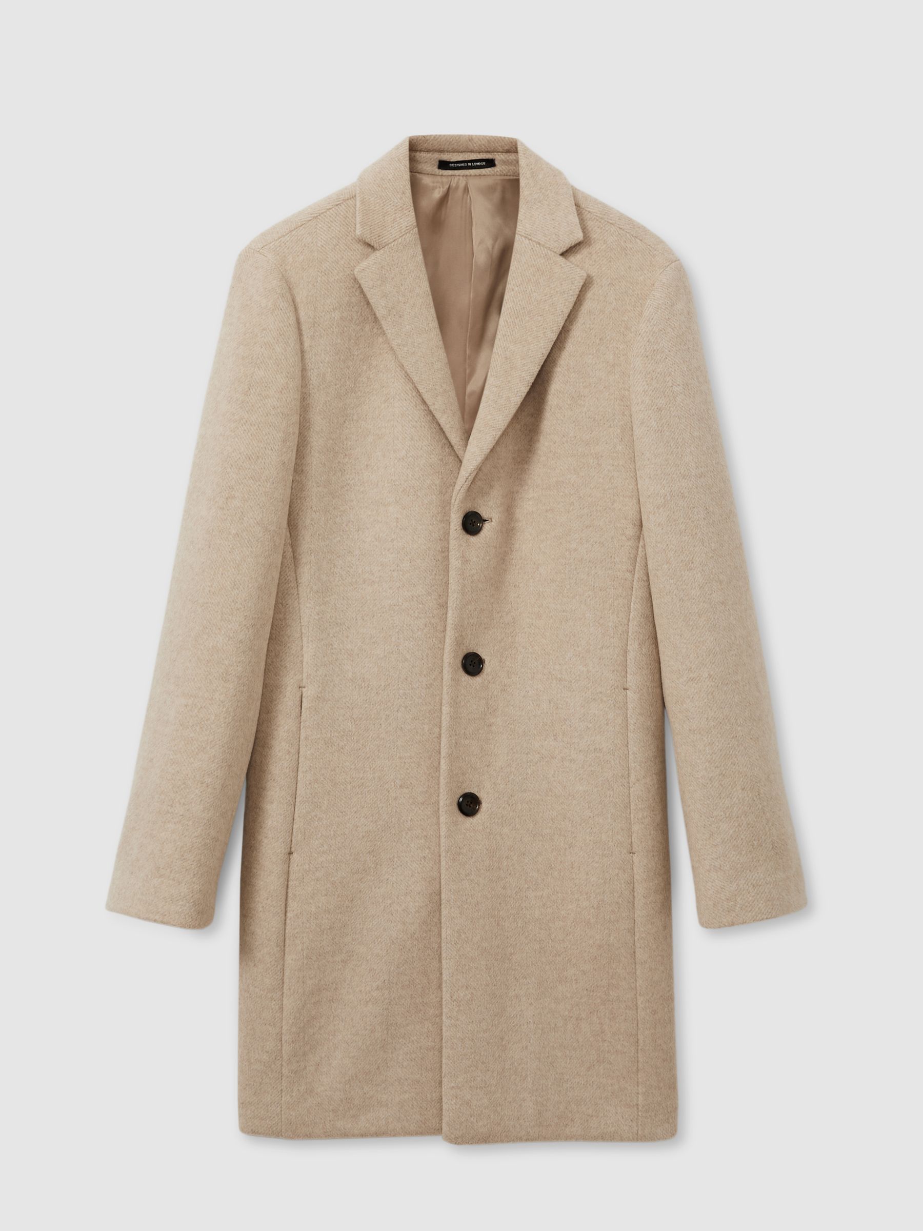 Wool Blend Single Breasted Epsom Overcoat in Oatmeal Herringbone - Image 2 of 8