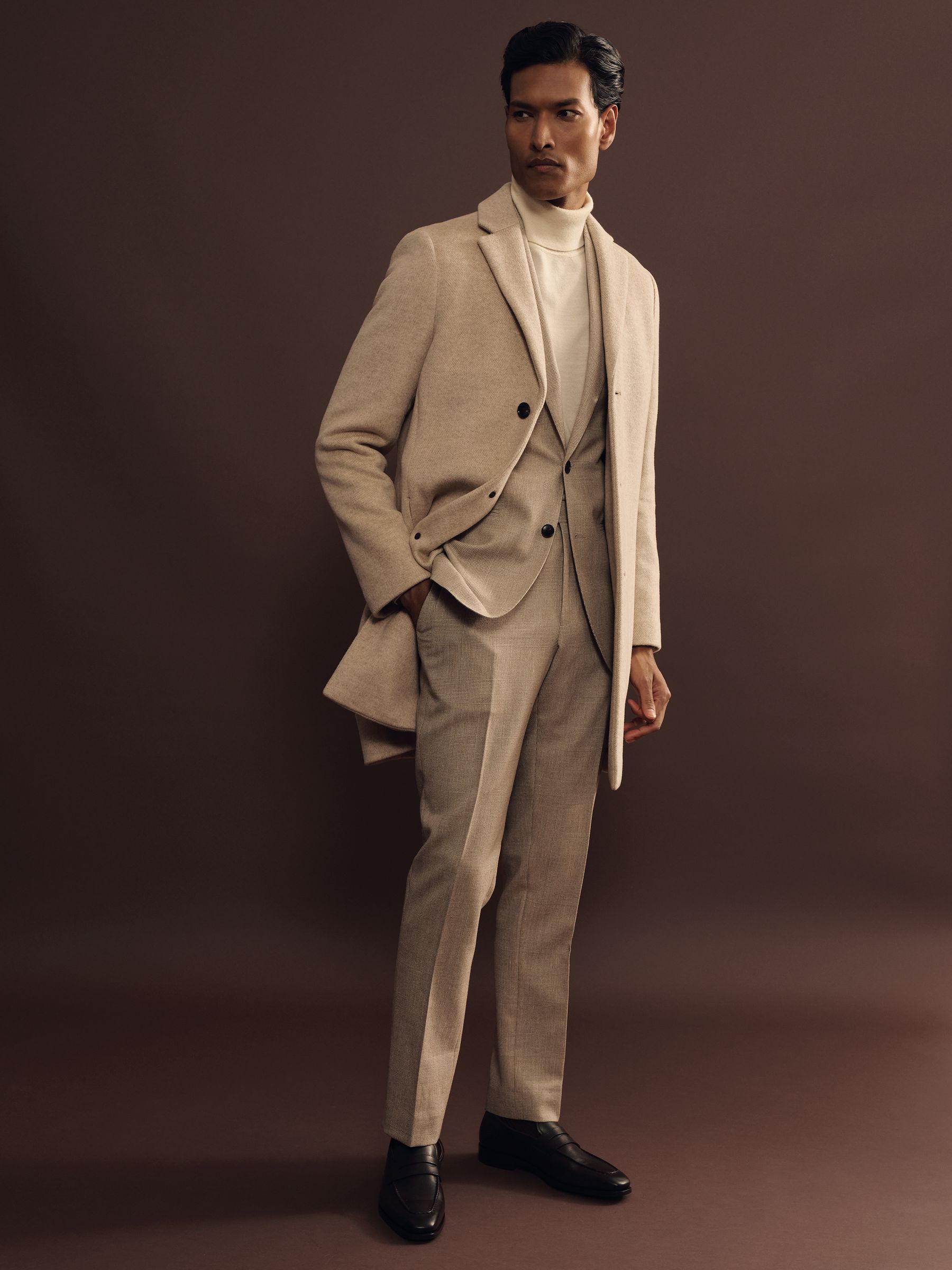 Wool Blend Single Breasted Epsom Overcoat in Oatmeal Herringbone - Image 3 of 8
