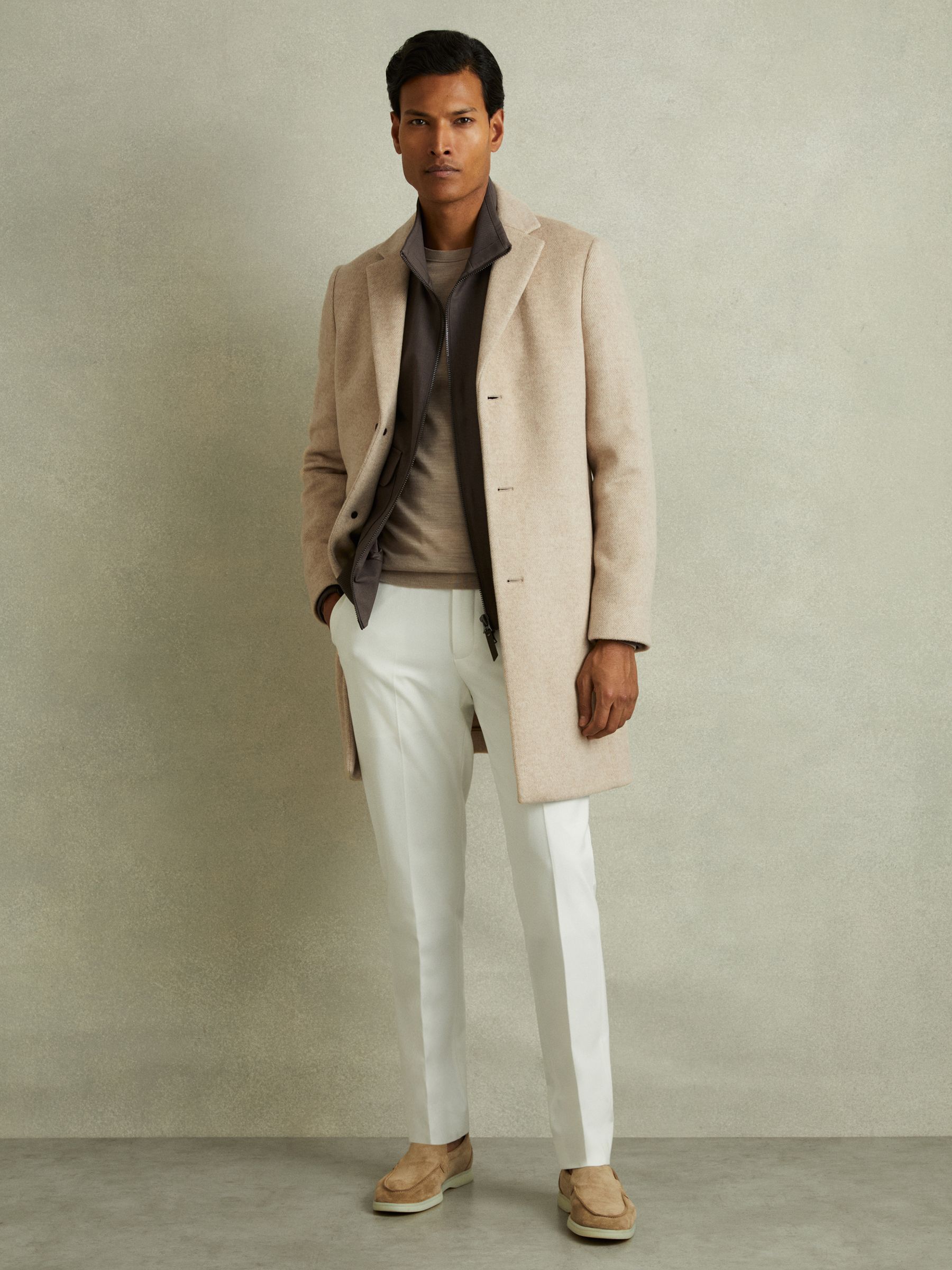 Wool Blend Single Breasted Epsom Overcoat in Oatmeal Herringbone - Image 5 of 8