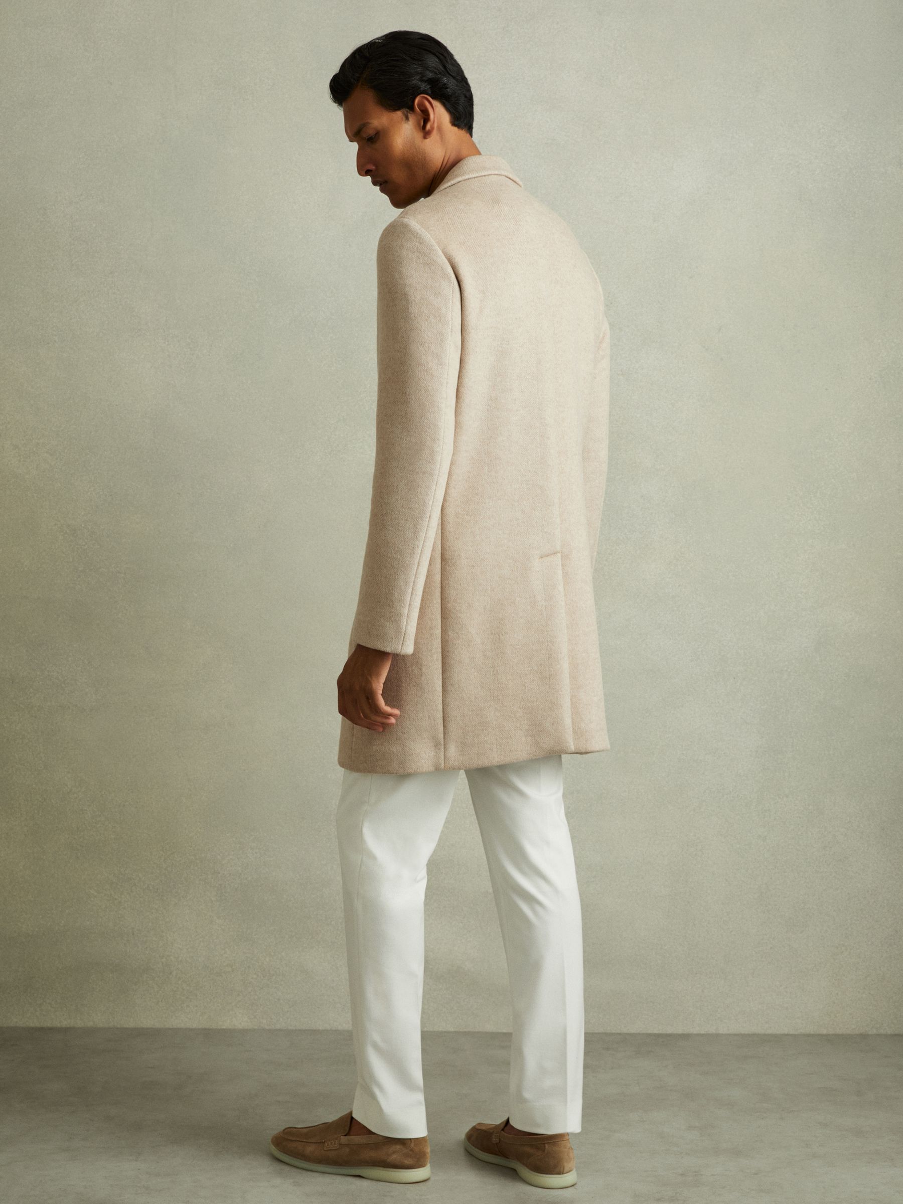 Wool Blend Single Breasted Epsom Overcoat in Oatmeal Herringbone - Image 7 of 8