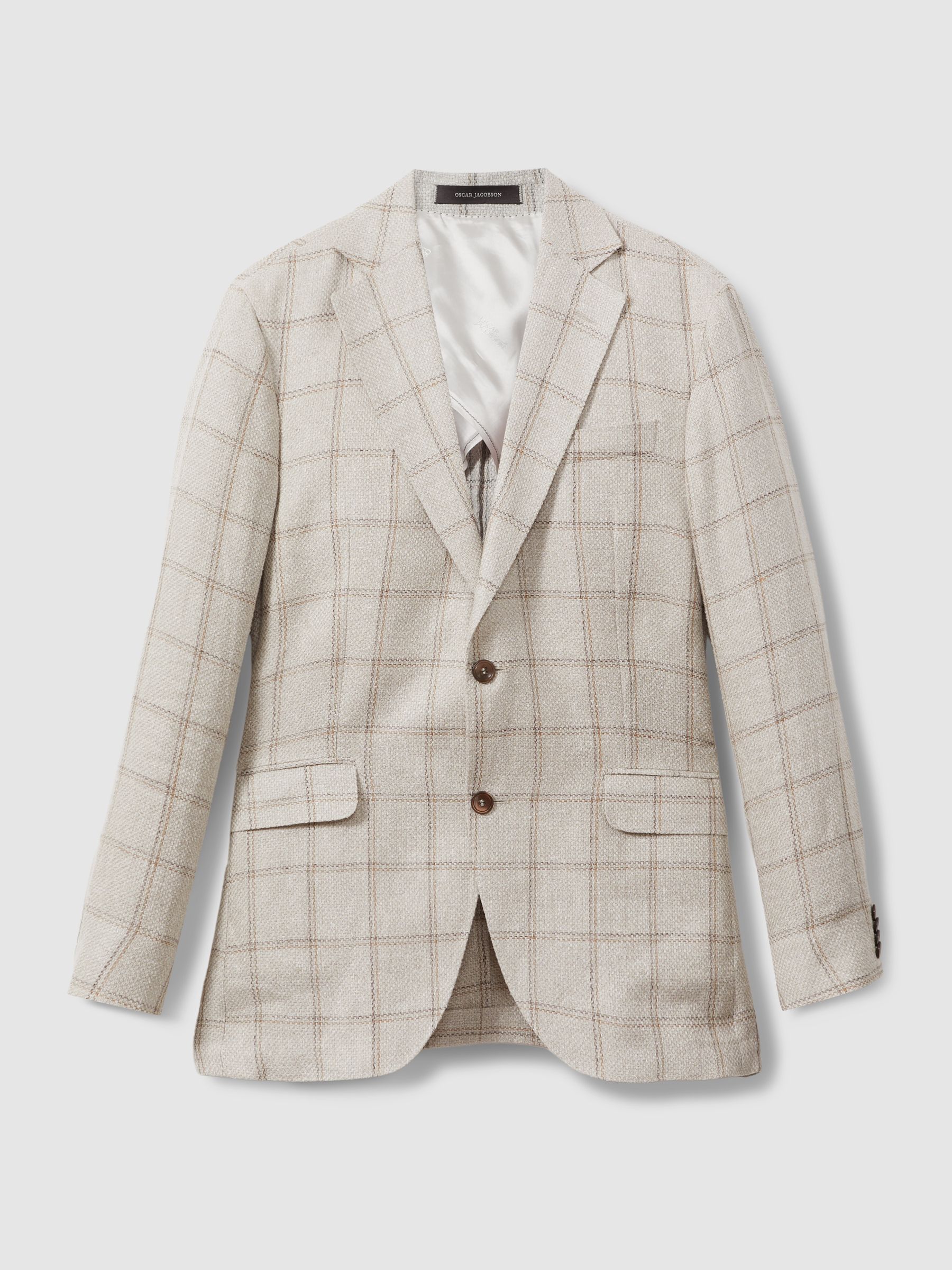 Oscar Jacobson Linen Blend Single Breasted Check Blazer in Cream - Image 2 of 6