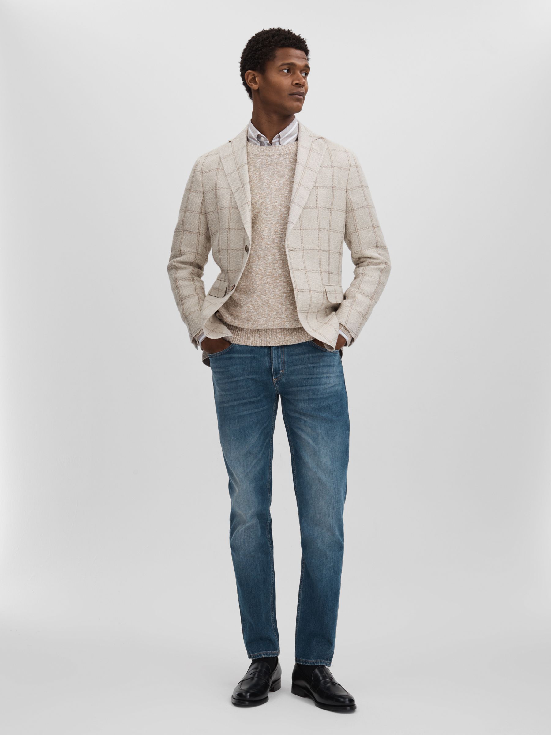 Oscar Jacobson Linen Blend Single Breasted Check Blazer in Cream - Image 3 of 6