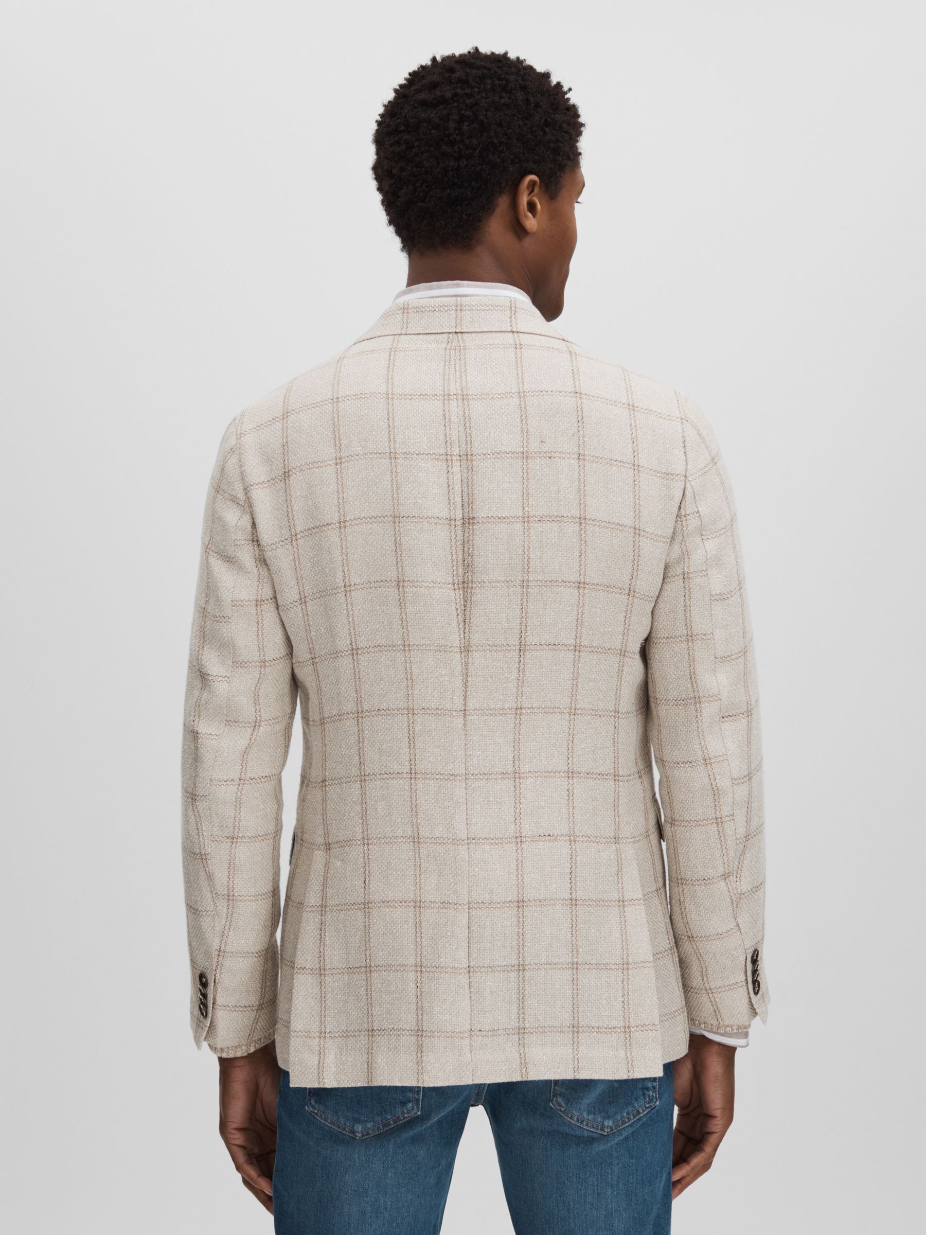 Oscar Jacobson Linen Blend Single Breasted Check Blazer in Cream - Image 4 of 6