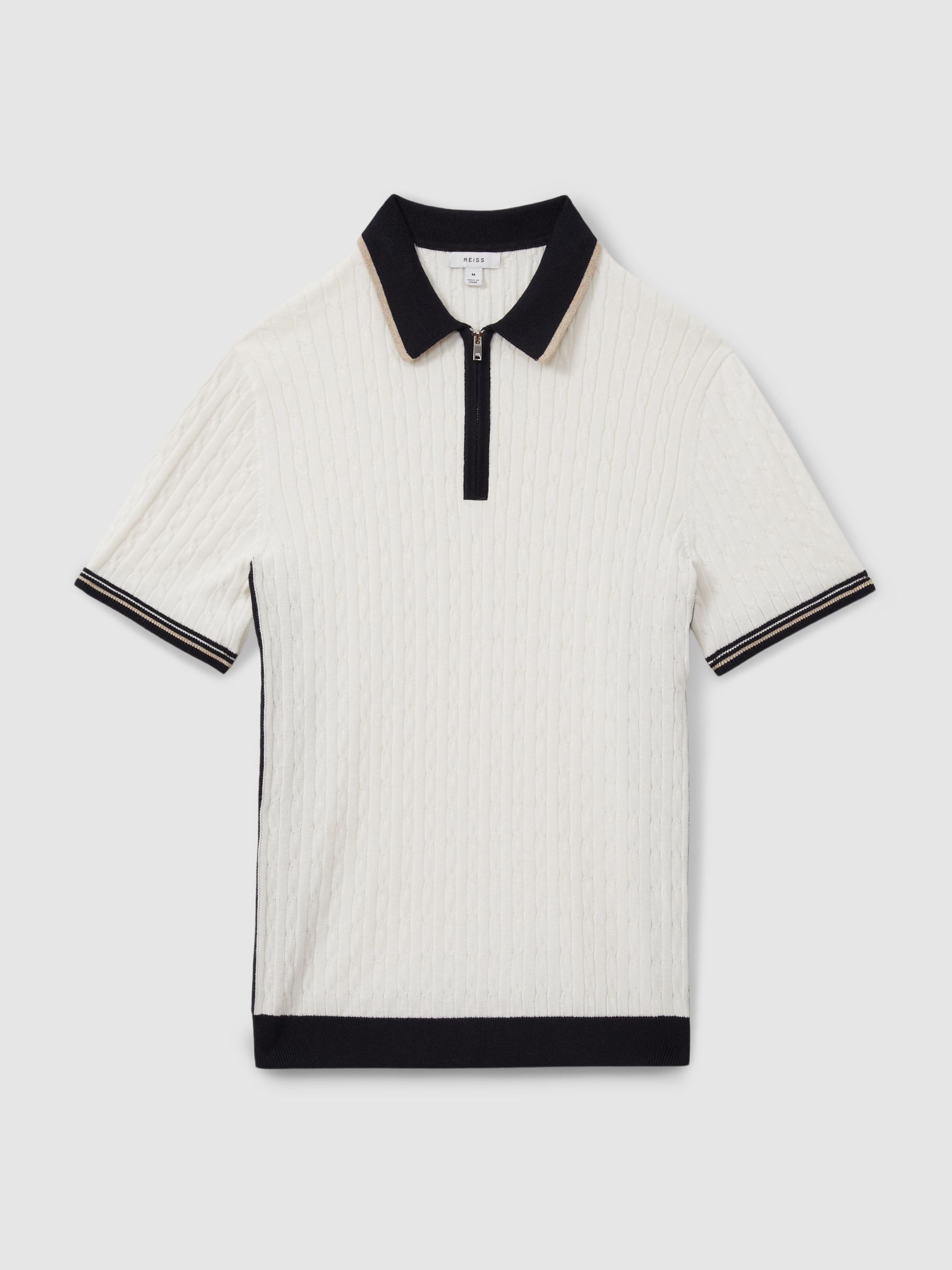 Cotton Blend Cable Knit Half-Zip Polo Shirt in Off White/Camel/Navy - Image 2 of 6