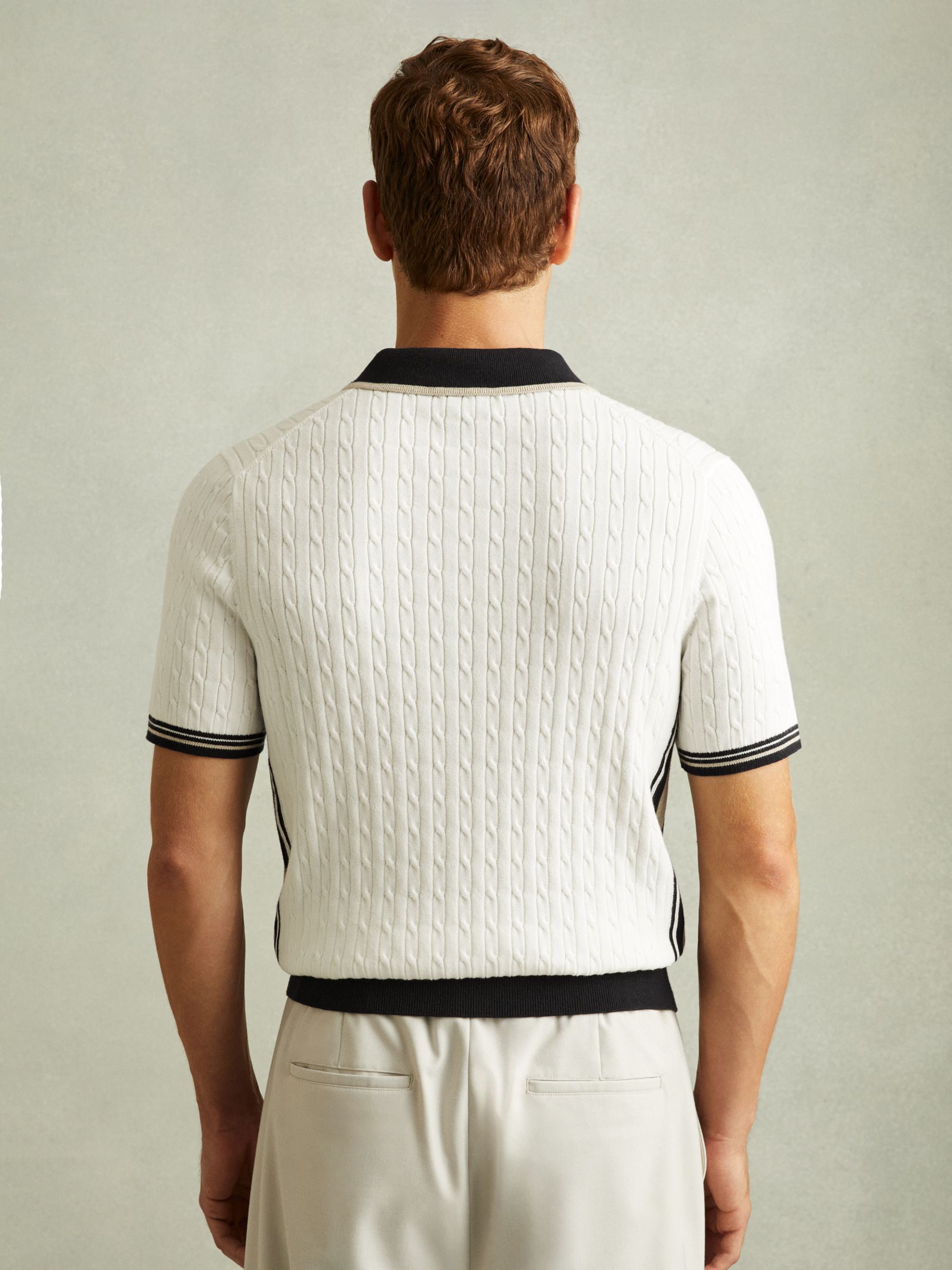 Cotton Blend Cable Knit Half-Zip Polo Shirt in Off White/Camel/Navy - Image 4 of 6