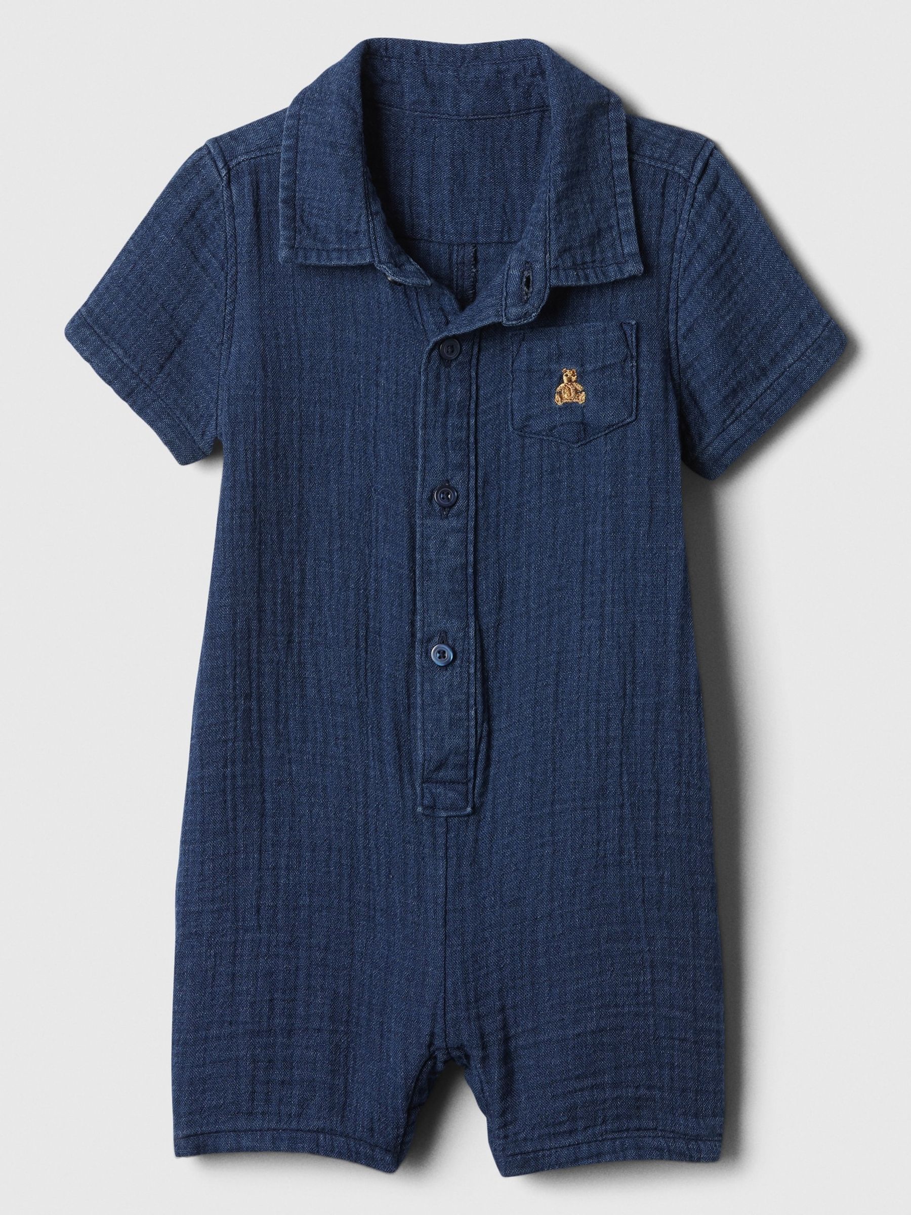 Blue Crinkle Cotton Brannan Bear Pocket Baby Romper (Newborn-24mths) - Image 1 of 3