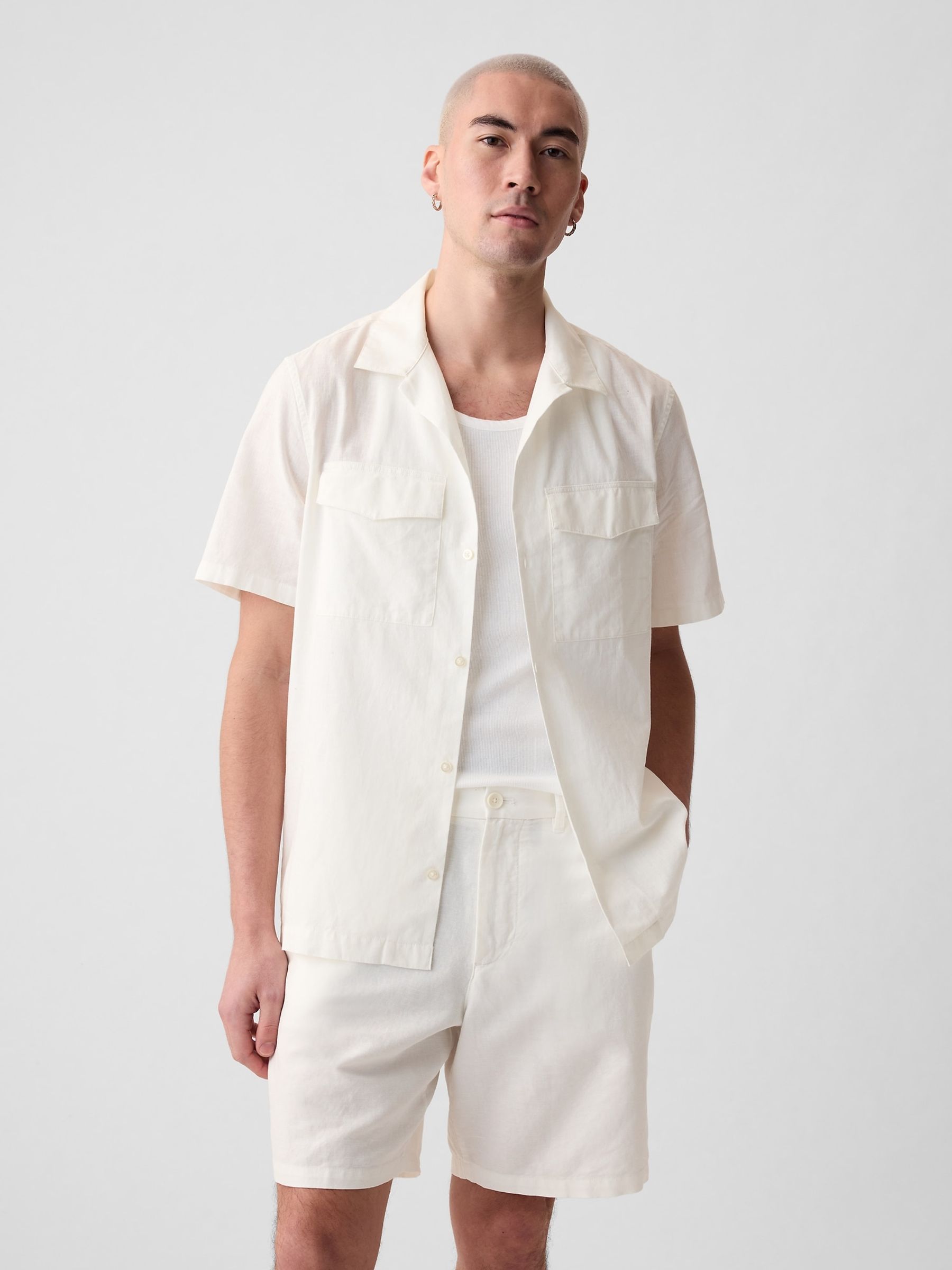 White Linen Cotton Short Sleeve Utility Shirt - Image 1 of 2