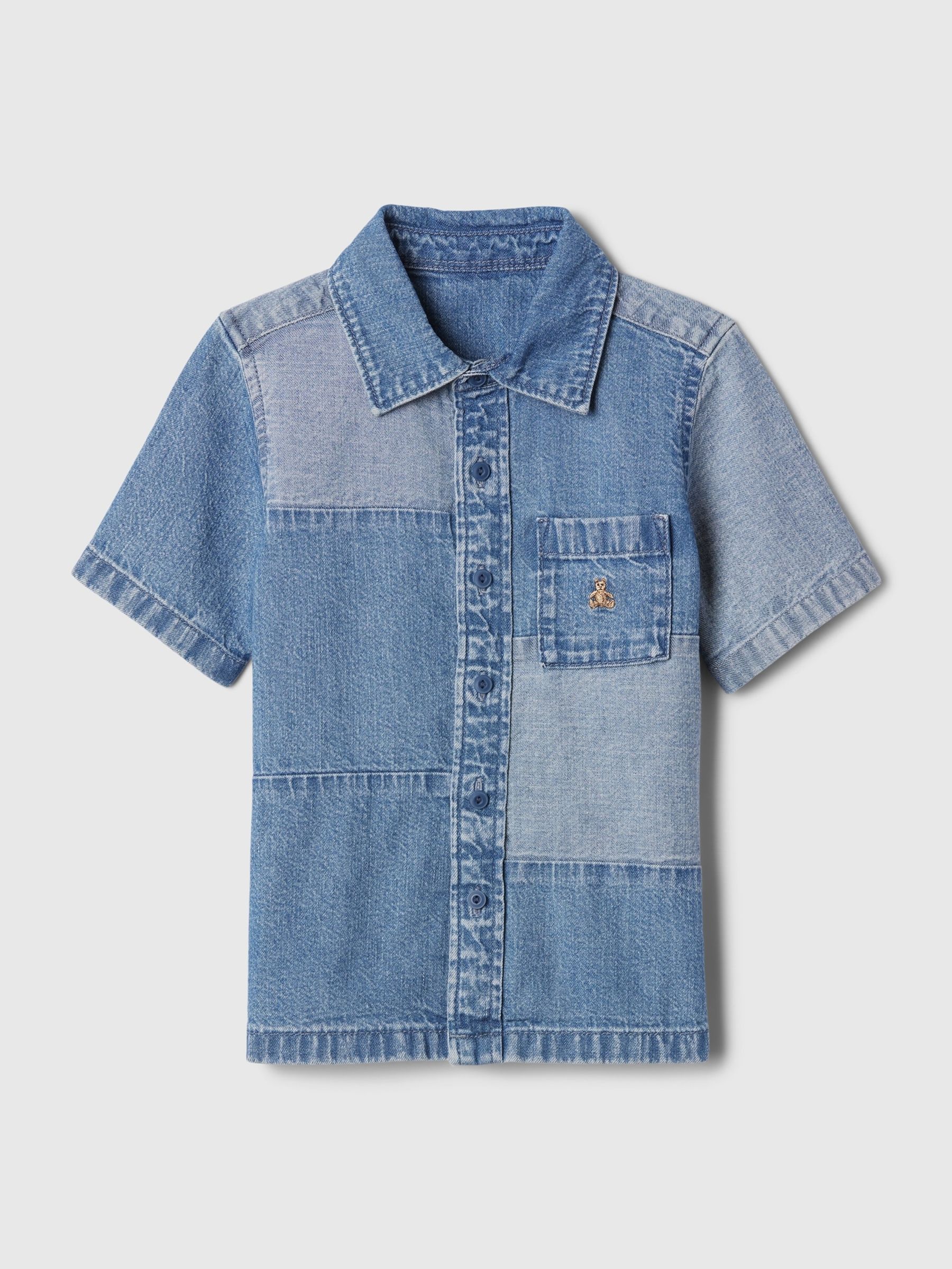 Blue Cotton Brannan Bear Patchwork Denim Baby Shirt (6mths-5yrs) - Image 1 of 4