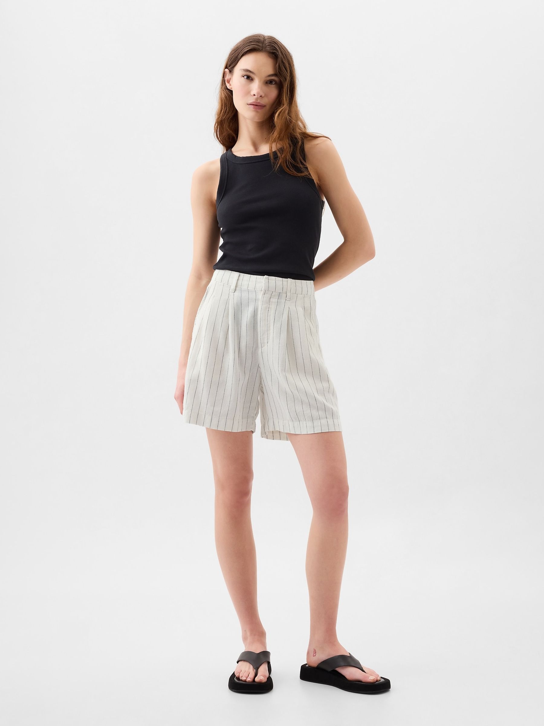 White Stripe High Waisted Linen Blend Pleated Shorts - Image 1 of 3