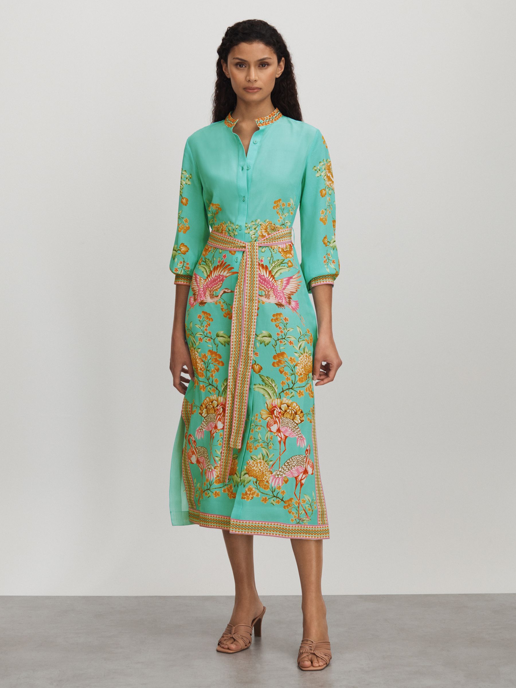 Raishma Silk Printed Belted Midi Dress in Sky Blue - Image 1 of 5