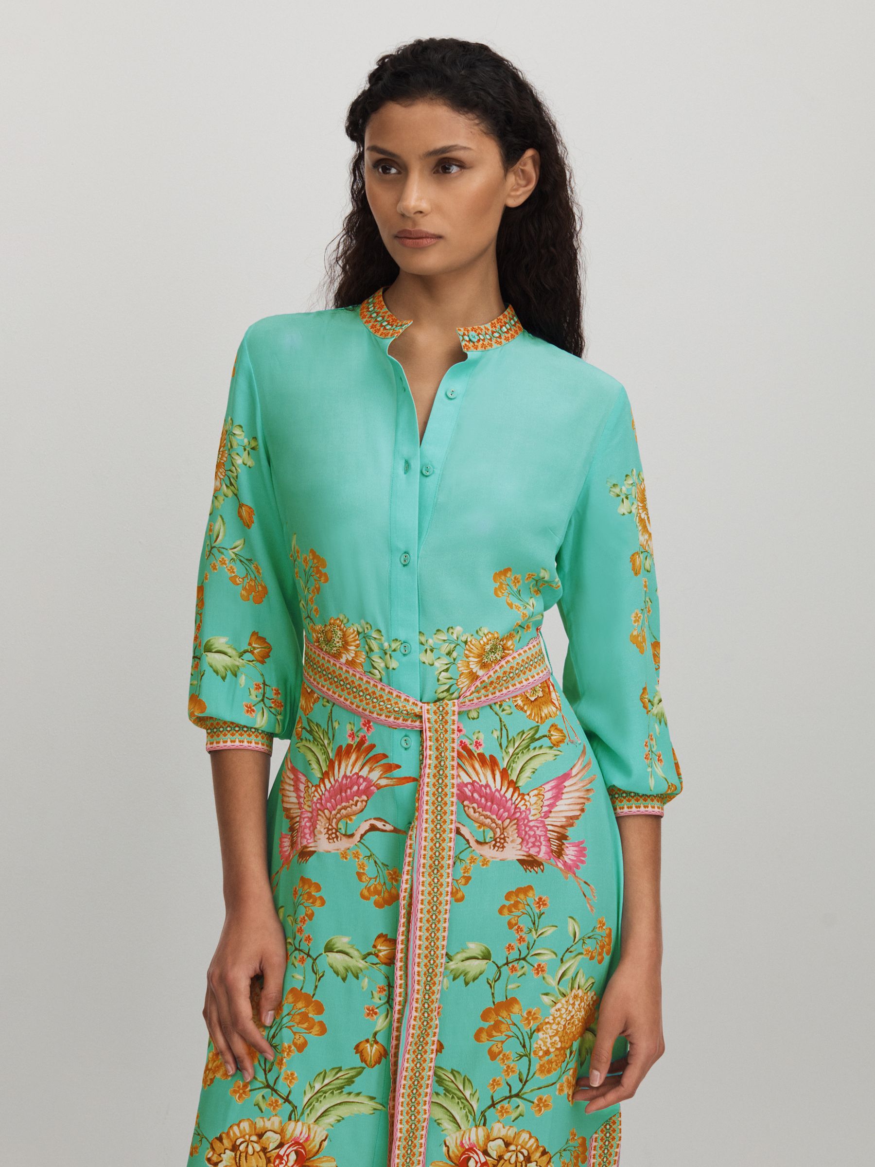 Raishma Silk Printed Belted Midi Dress in Sky Blue - Image 3 of 5