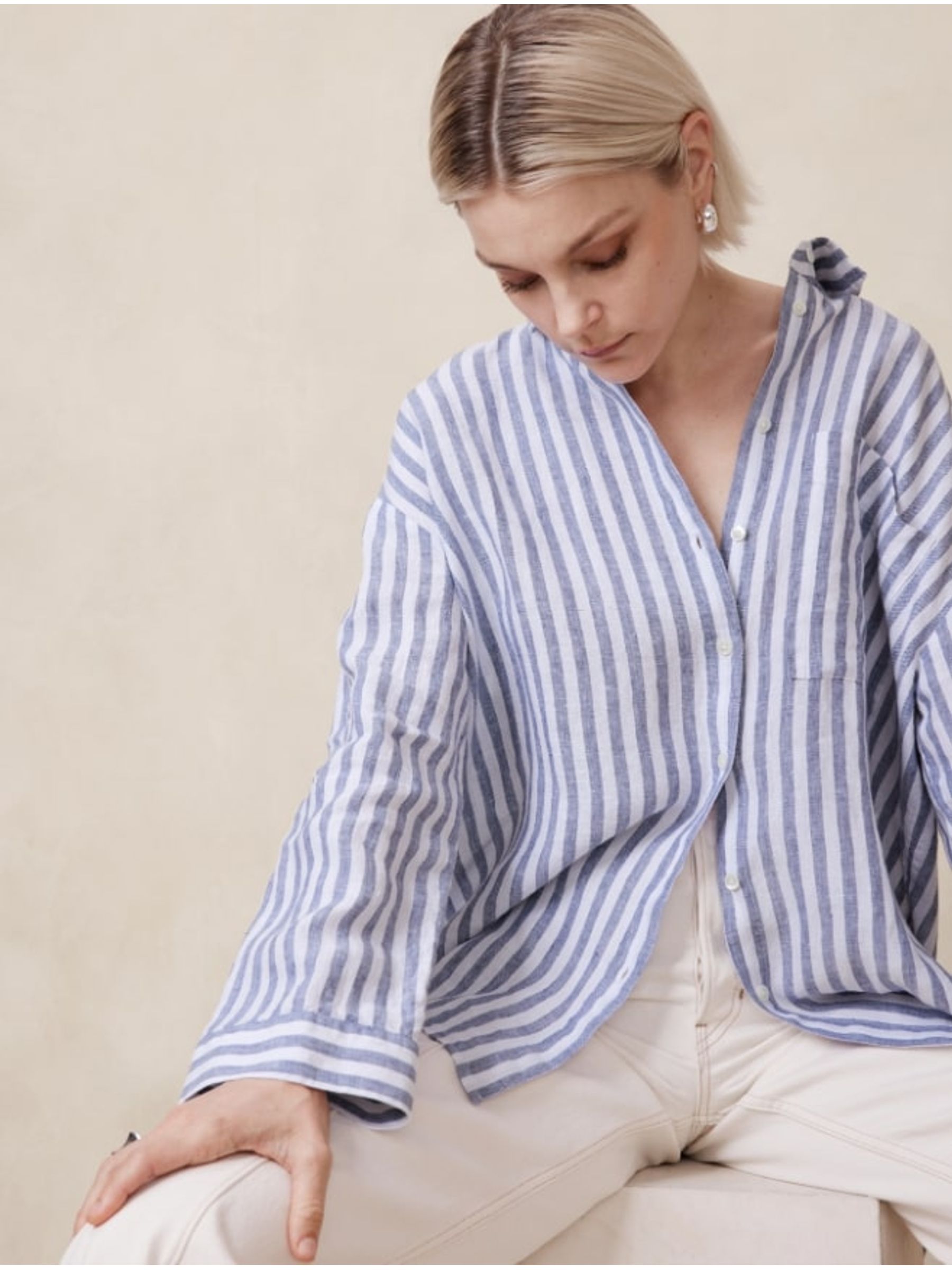 Banana Republic Blue Stripe Oversized 100% Linen Shirt - Image 3 of 4
