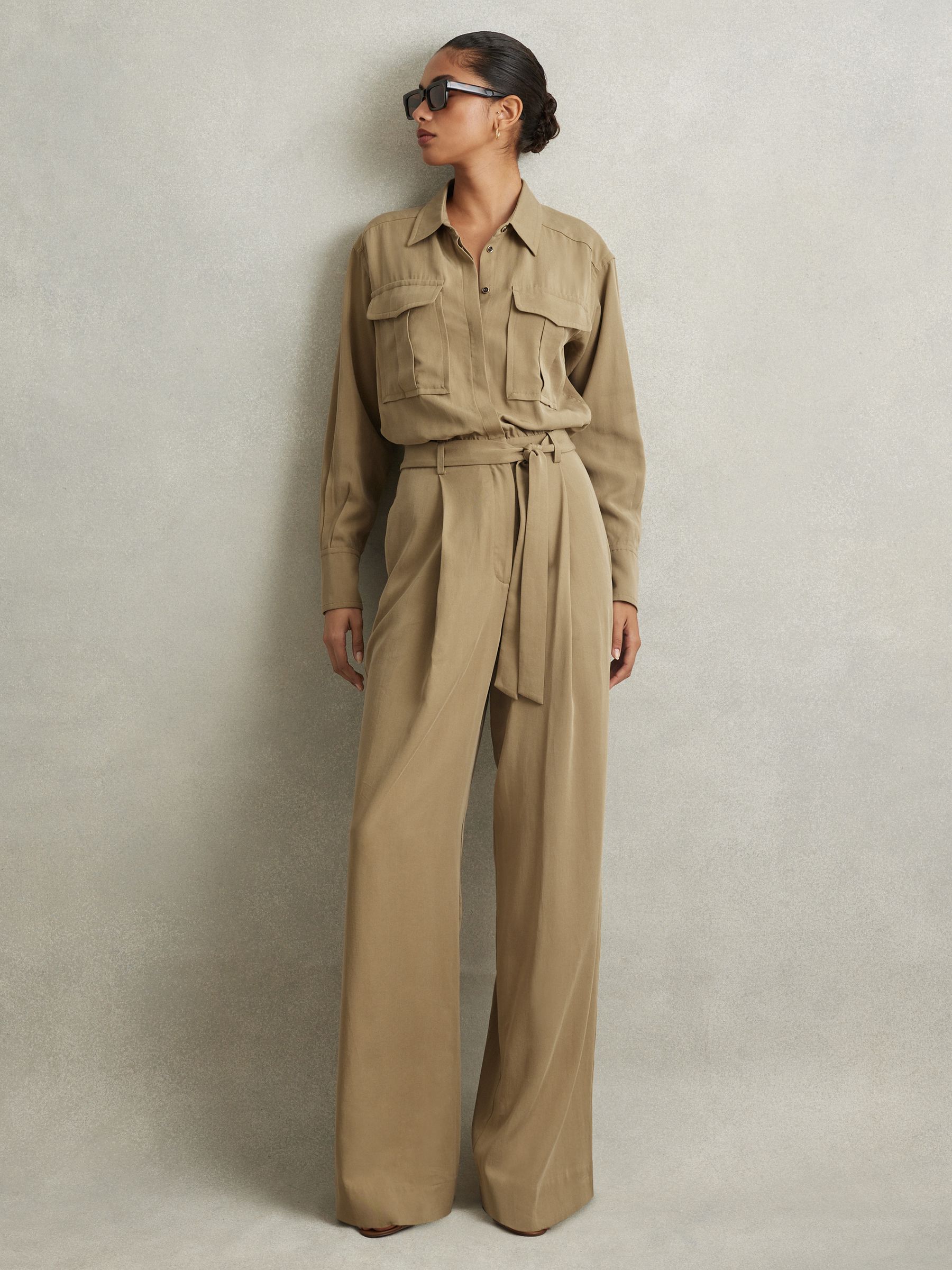 Petite Lyocell Wide Leg Jumpsuit in Khaki - Image 1 of 7 Petite Lyocell Wide Leg Jumpsuit in Khaki - Image 1 of 7