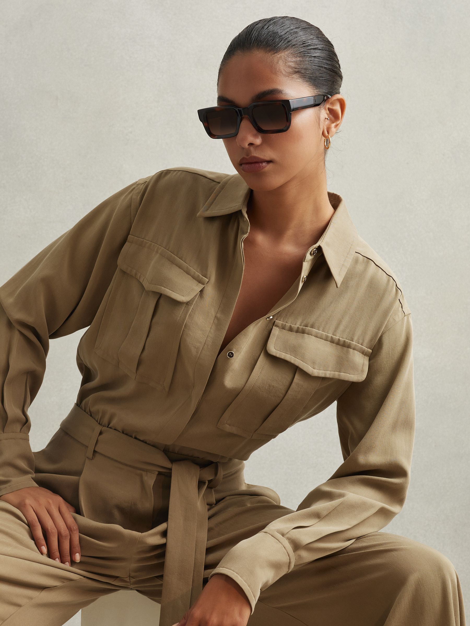 Petite Lyocell Wide Leg Jumpsuit in Khaki - Image 3 of 7