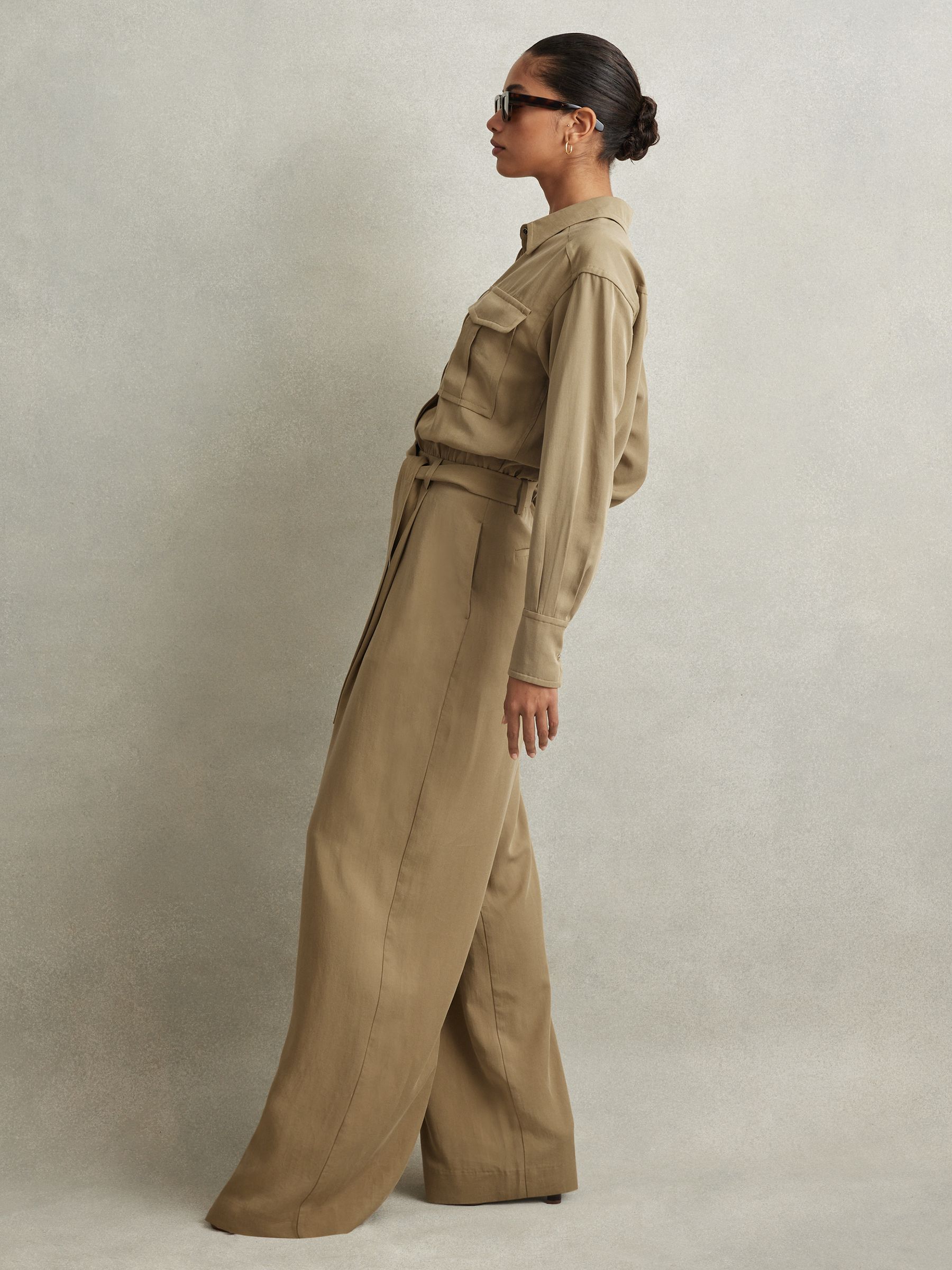 Petite Lyocell Wide Leg Jumpsuit in Khaki - Image 4 of 7