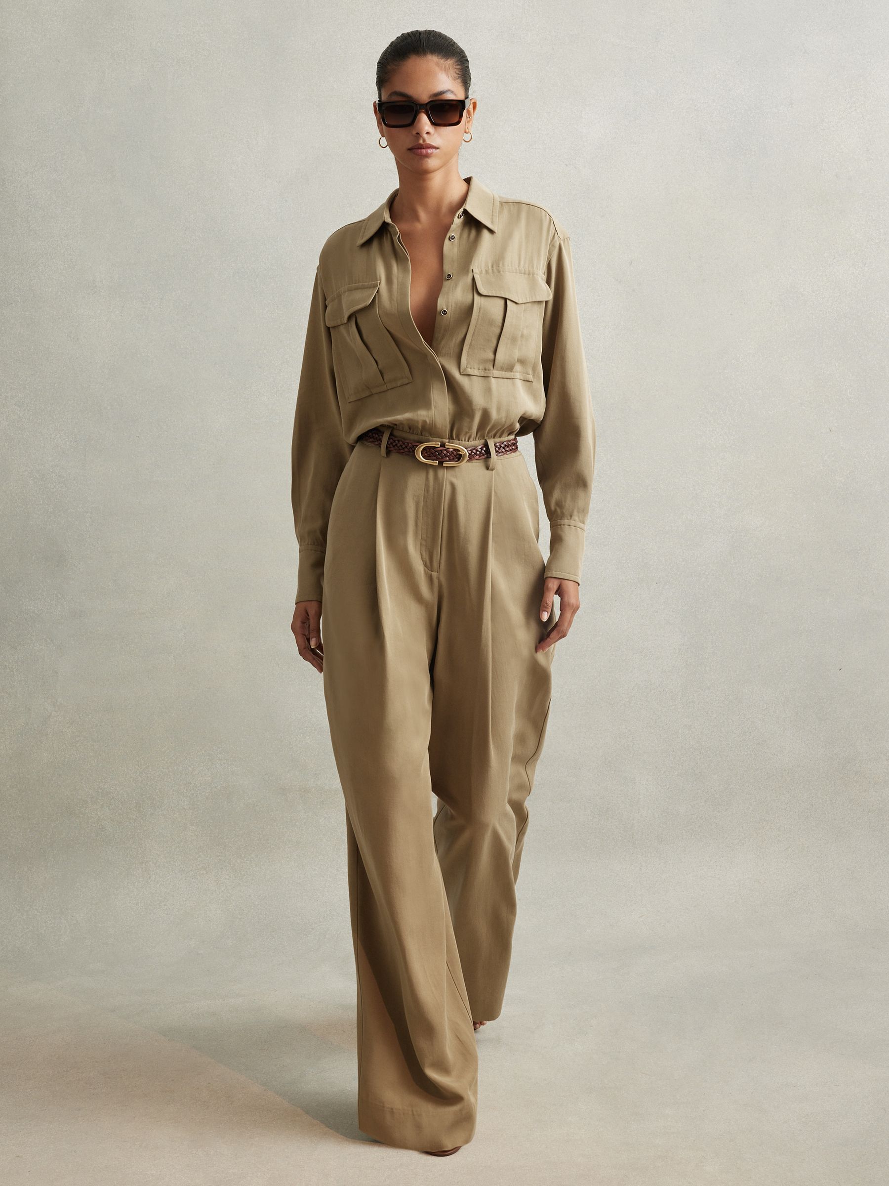 Petite Lyocell Wide Leg Jumpsuit in Khaki - Image 5 of 7