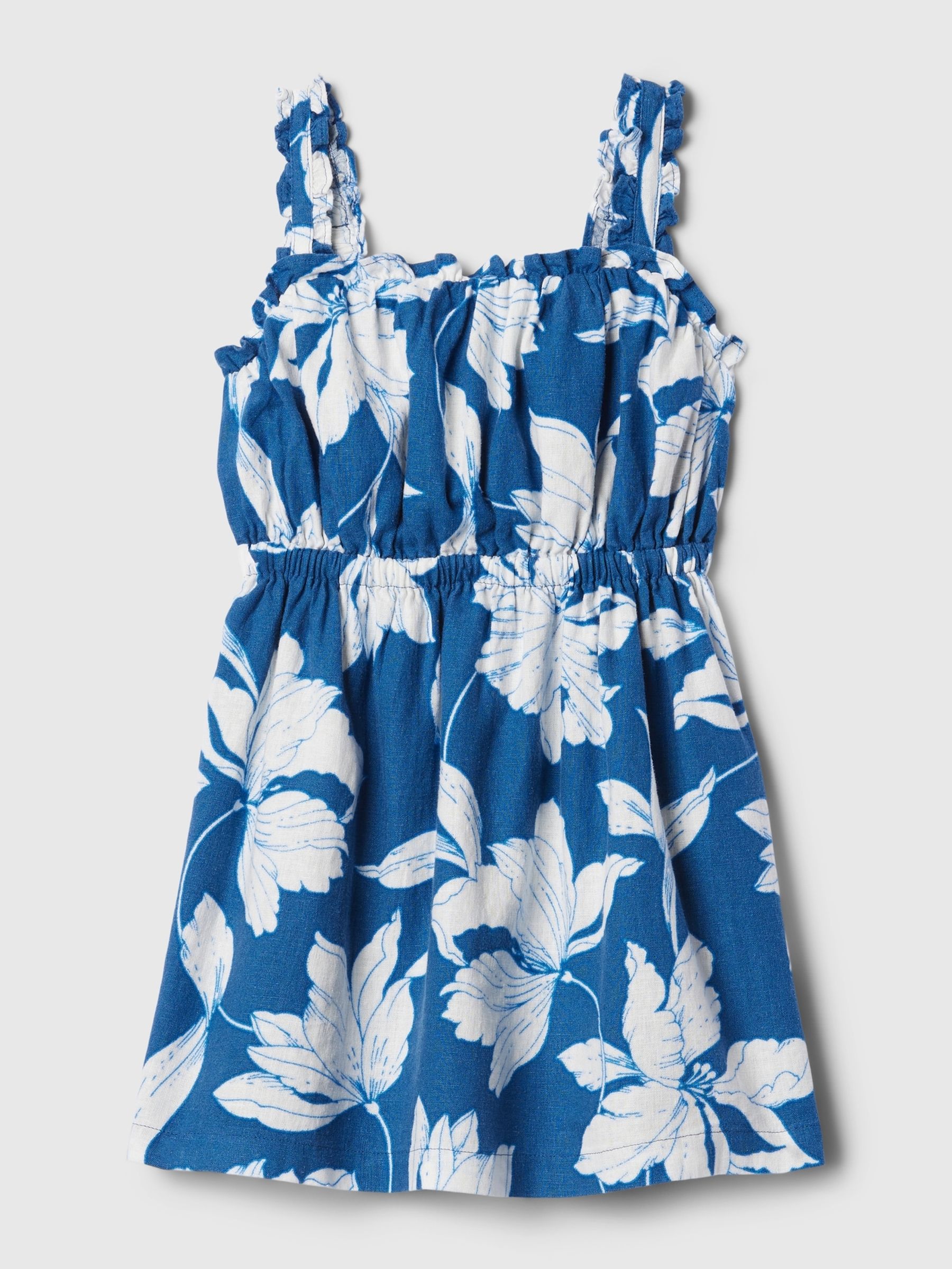 Blue Floral Linen Blend Square Neck Print Tank Dress (12mths-5yrs) - Image 1 of 3