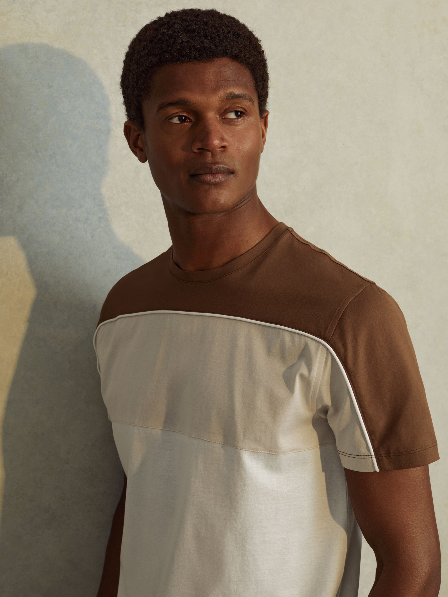 Mercerised Cotton Colourblock Crew Neck T-Shirt in Camel Brown/White - Image 1 of 5