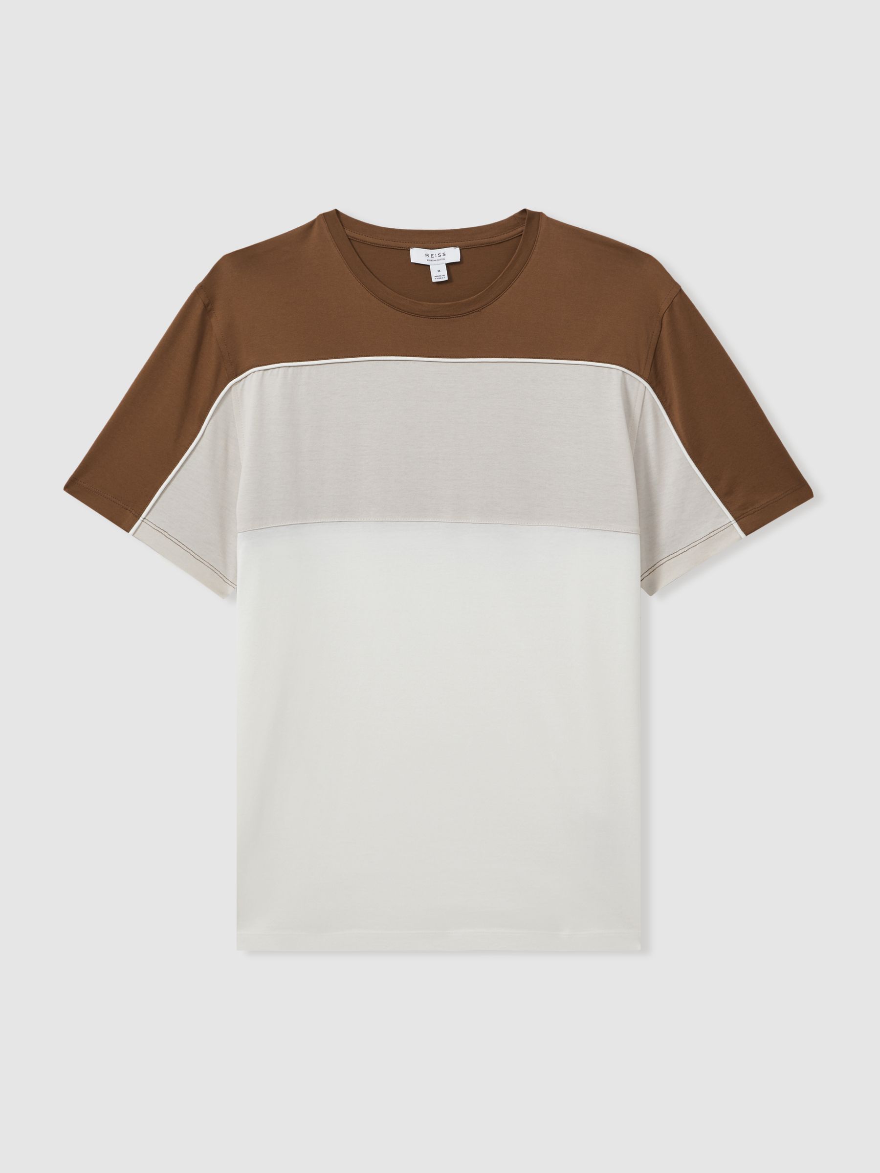 Mercerised Cotton Colourblock Crew Neck T-Shirt in Camel Brown/White - Image 2 of 5