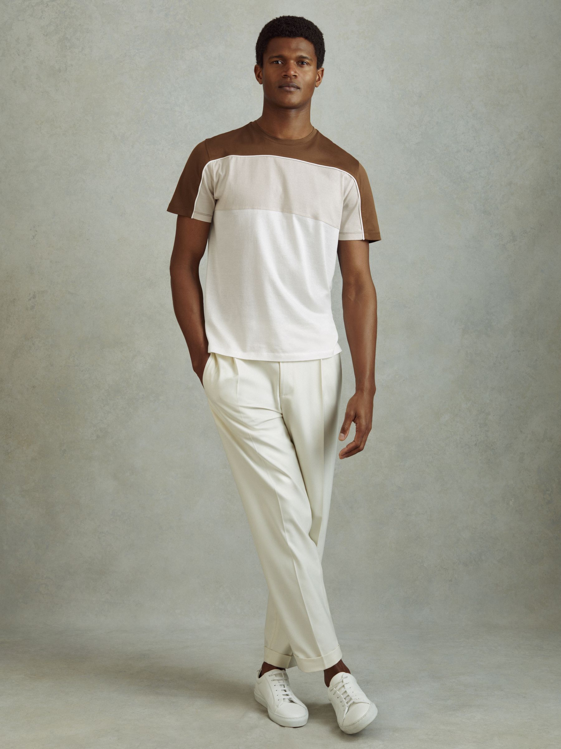 Mercerised Cotton Colourblock Crew Neck T-Shirt in Camel Brown/White - Image 3 of 5