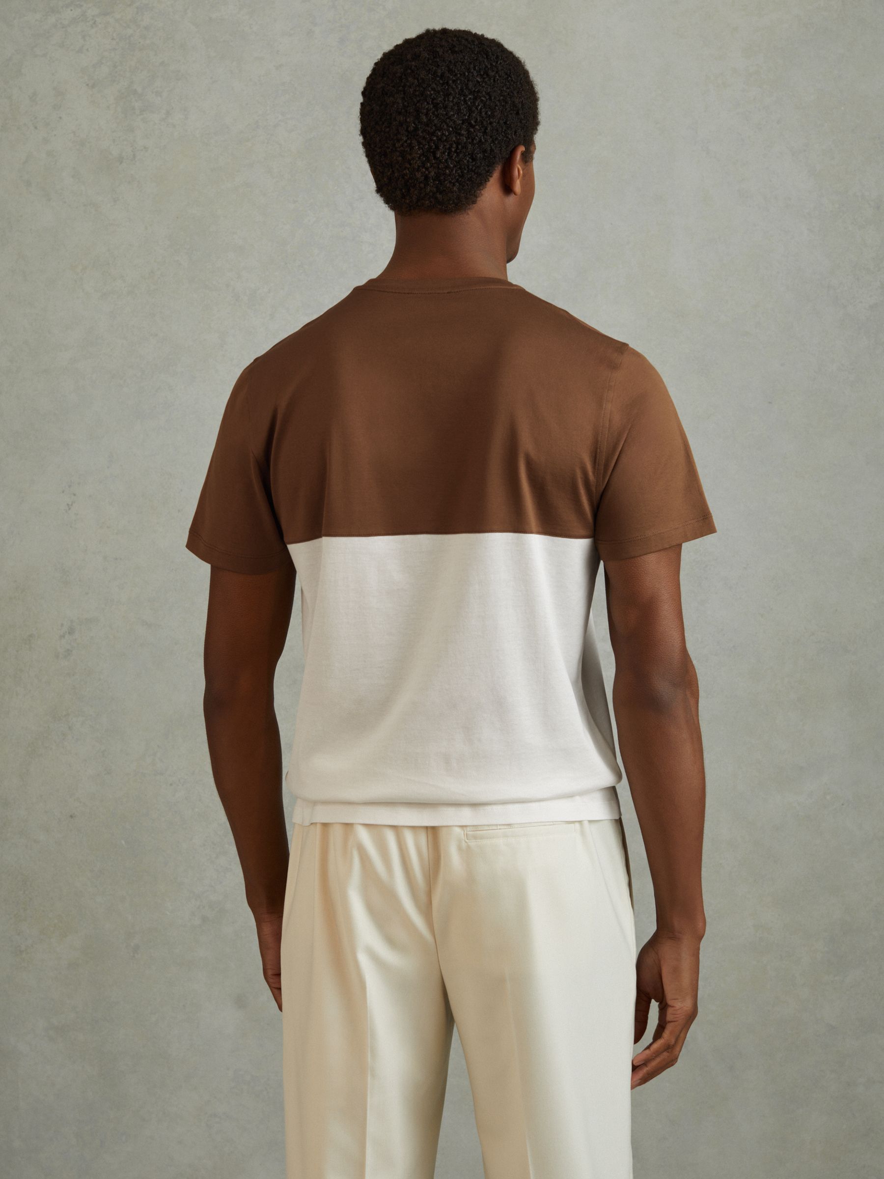 Mercerised Cotton Colourblock Crew Neck T-Shirt in Camel Brown/White - Image 4 of 5