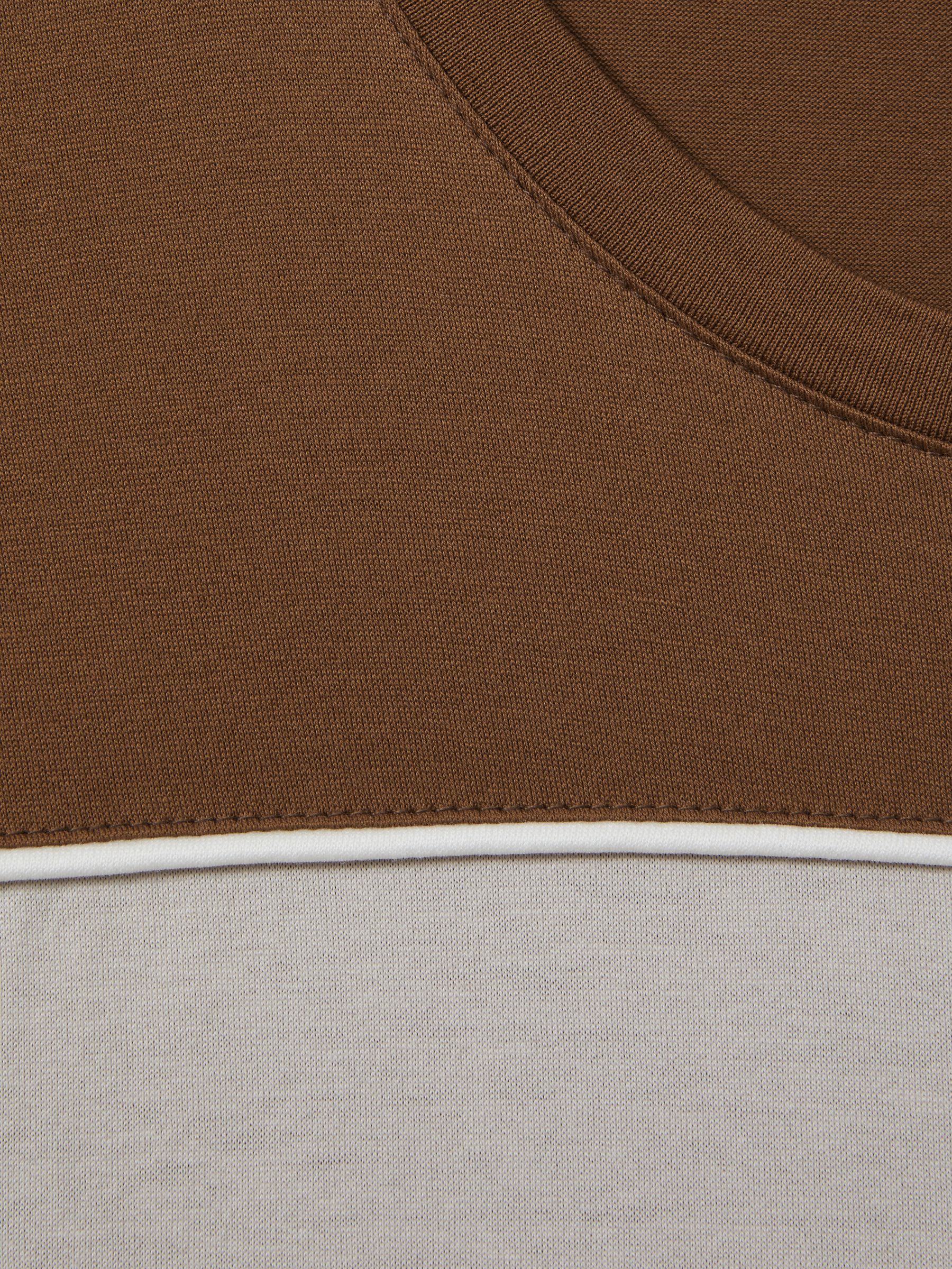 Mercerised Cotton Colourblock Crew Neck T-Shirt in Camel Brown/White - Image 5 of 5