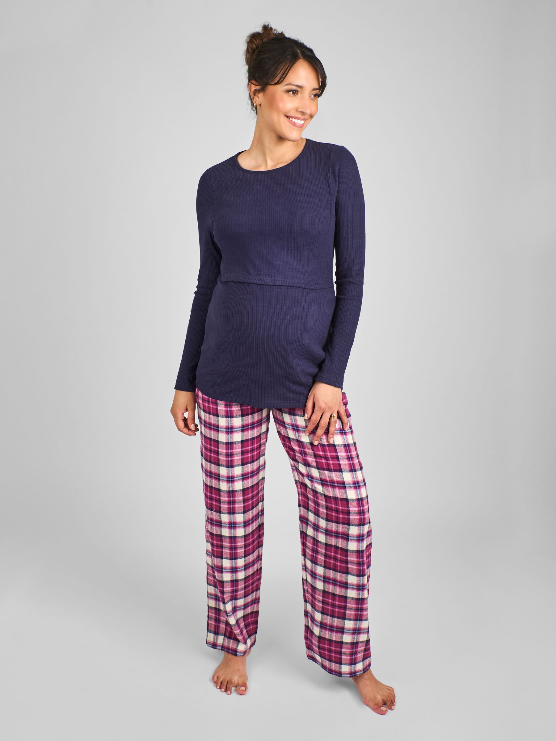 Navy Blue Check Maternity And Nursing Pyjamas Set - Image 1 of 5
