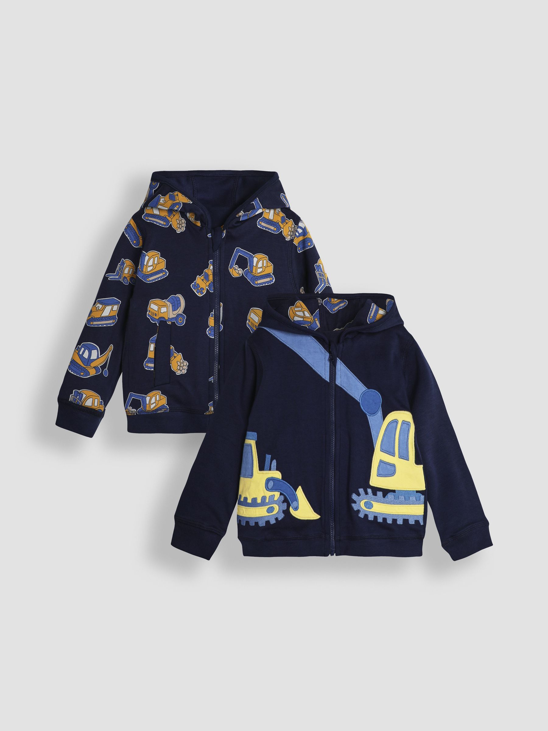 Navy Blue Construction Vehicle Appliqué Reversible Hoodie - Image 1 of 8