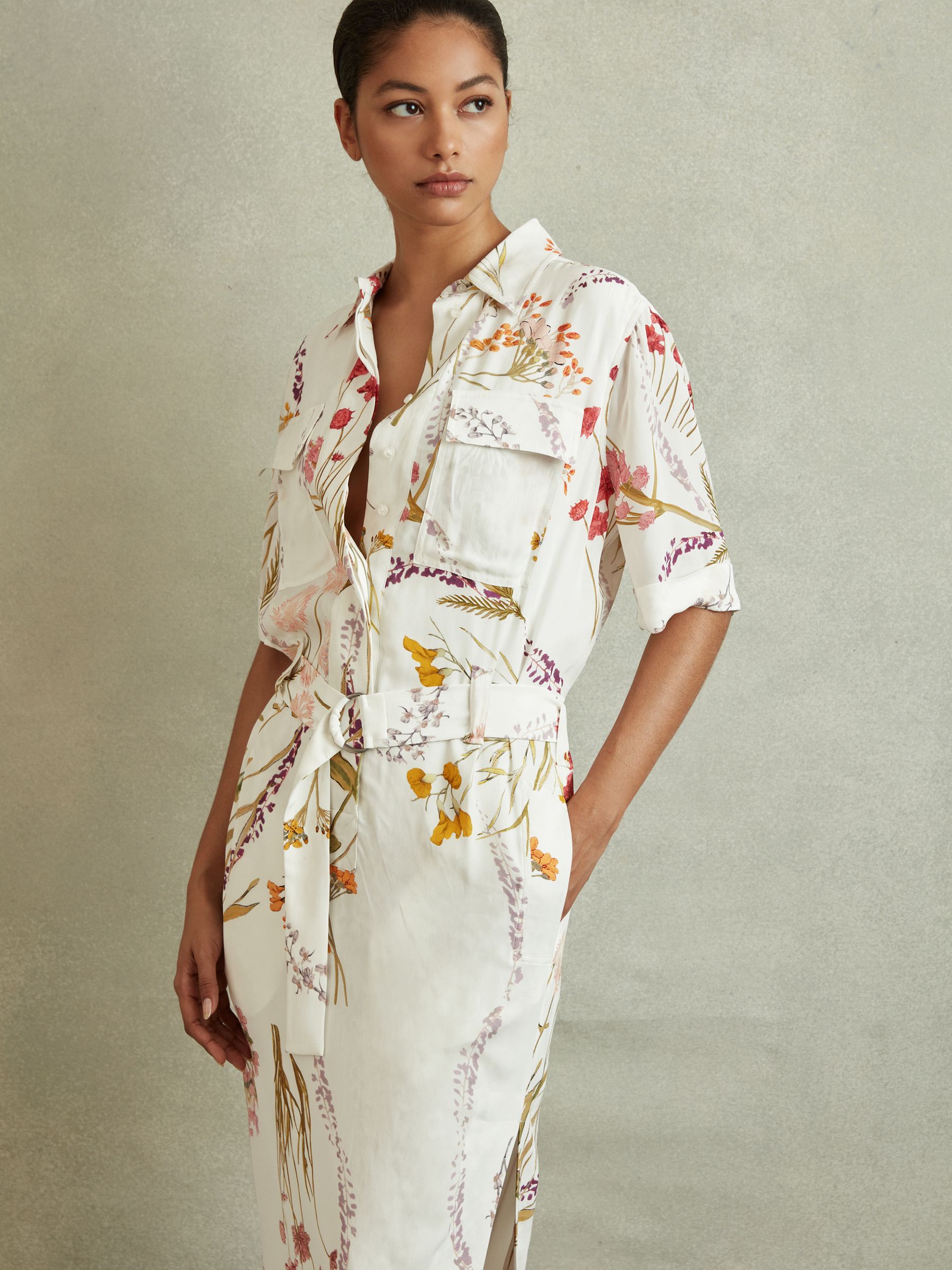 Floral Print Belted Midi Dress in Ivory/Orange - Image 1 of 5