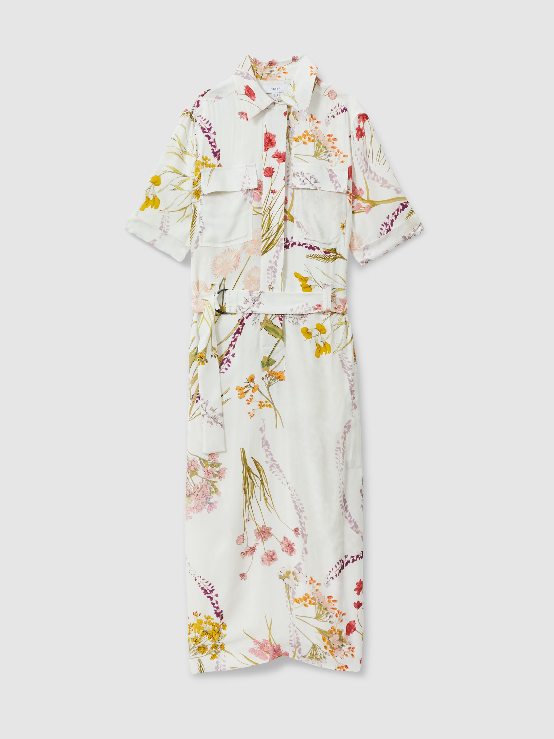 Floral Print Belted Midi Dress in Ivory/Orange - Image 2 of 5