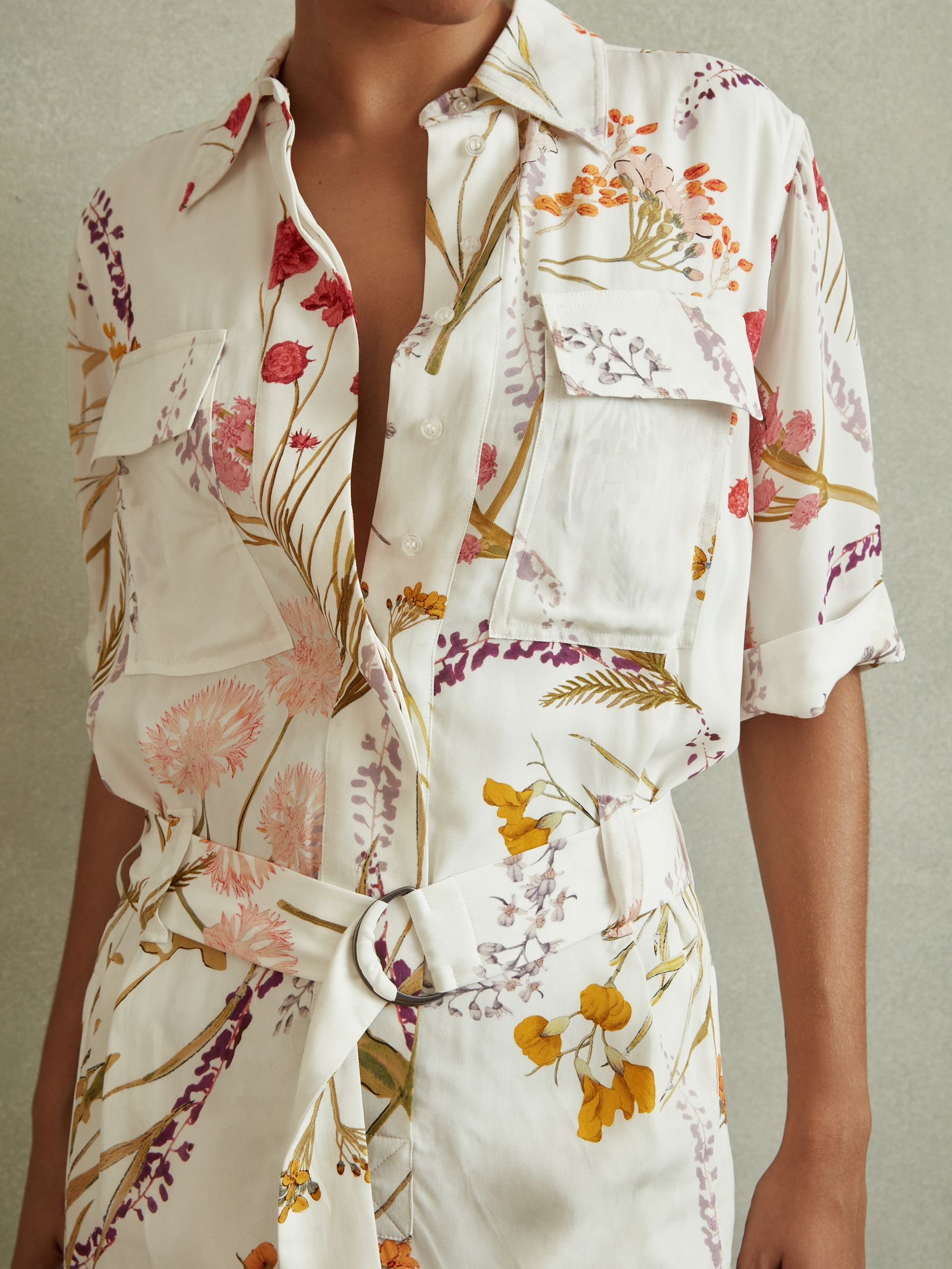 Reiss Floral Print Belted Midi Dress in Ivory/Orange - REISS