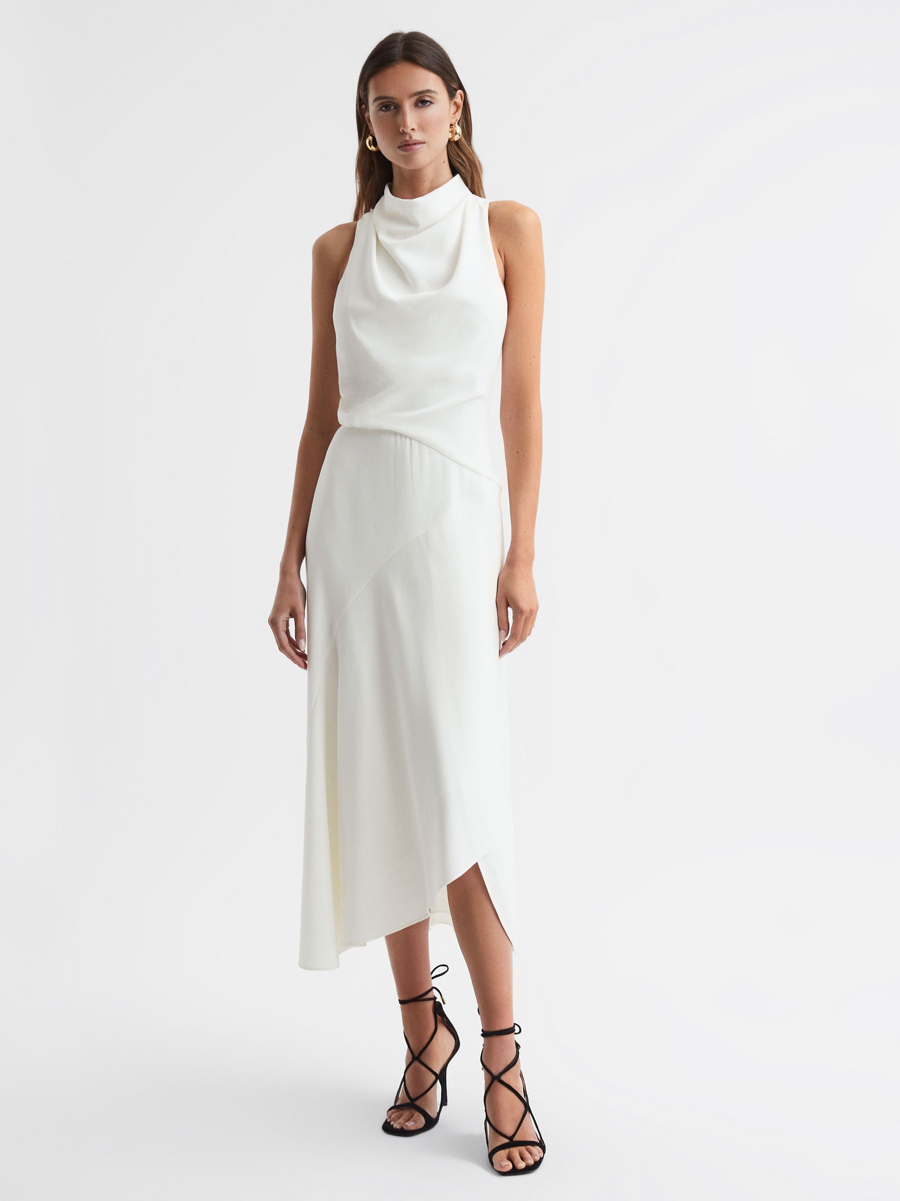 High Neck Draped Midi Dress in Ivory - Image 1 of 6 High Neck Draped Midi Dress in Ivory - Image 1 of 6