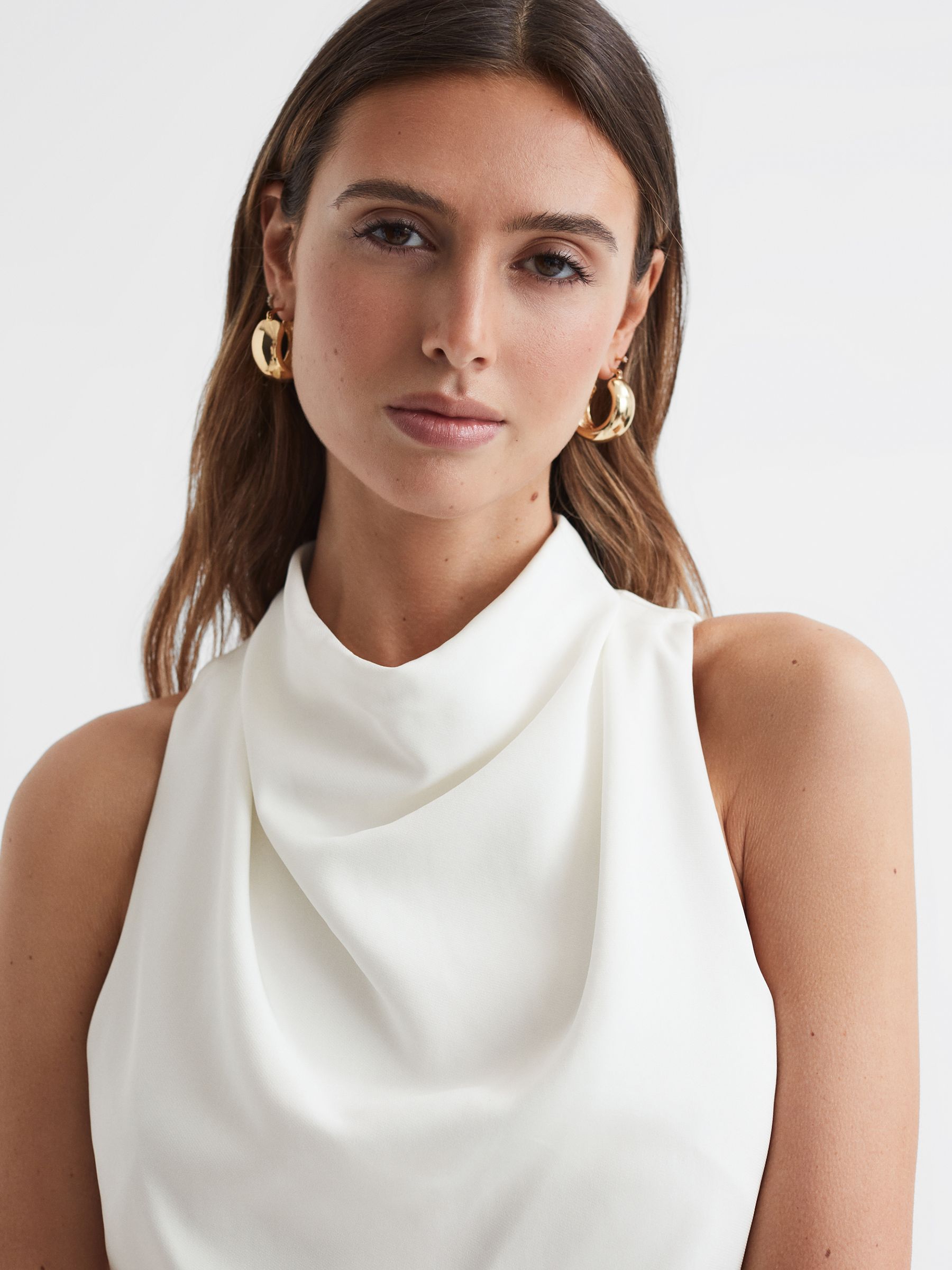 High Neck Draped Midi Dress in Ivory - Image 4 of 6
