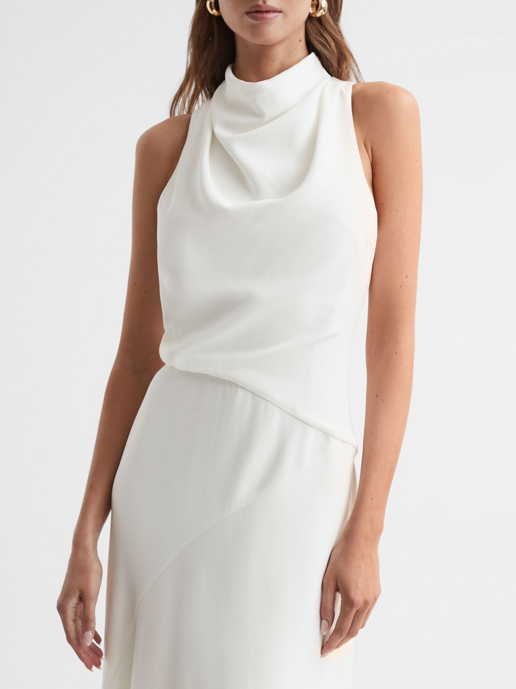 High Neck Draped Midi Dress in Ivory - Image 5 of 6