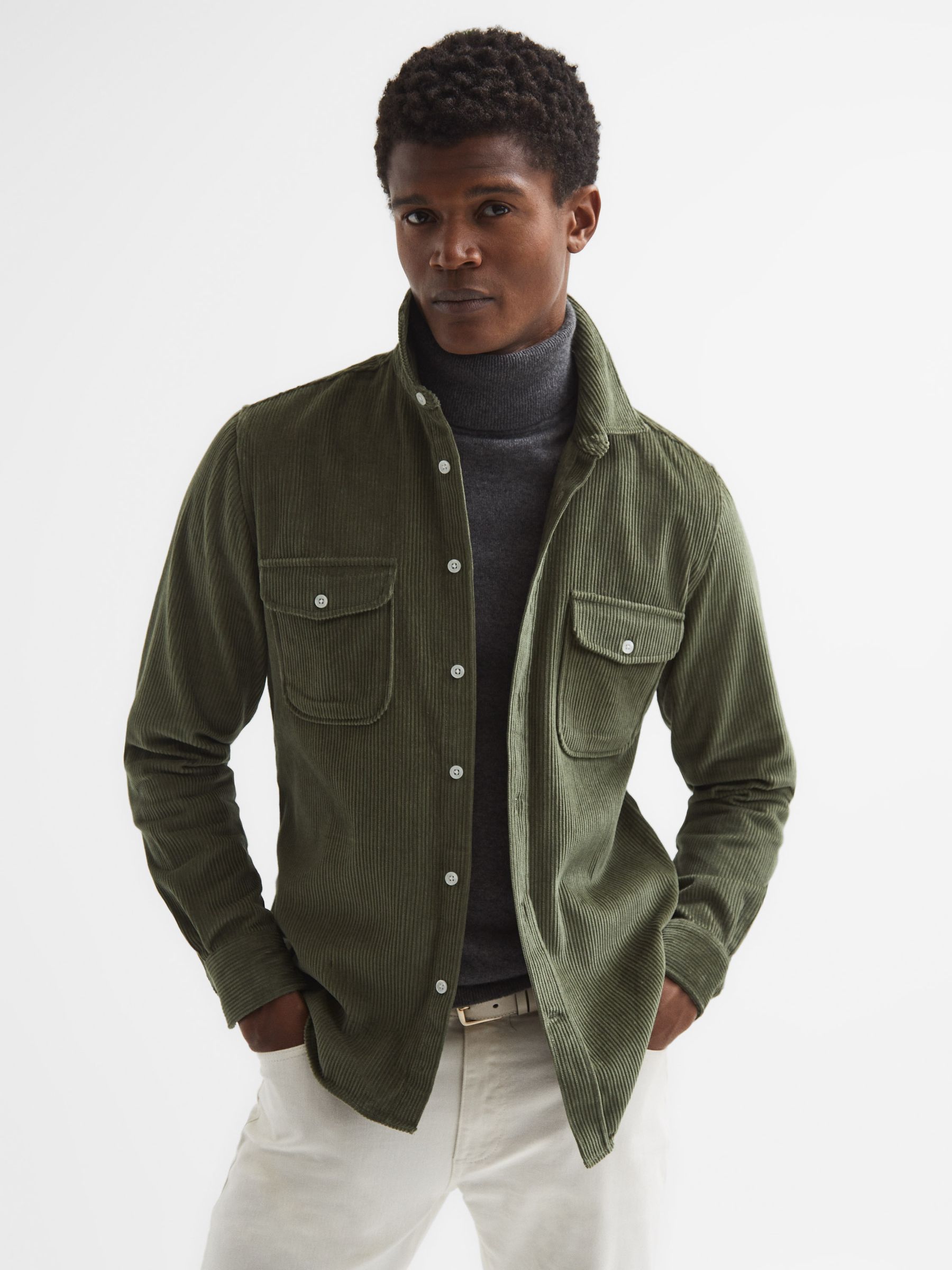 Corduroy Twin Pocket Overshirt in Kale - Image 1 of 7