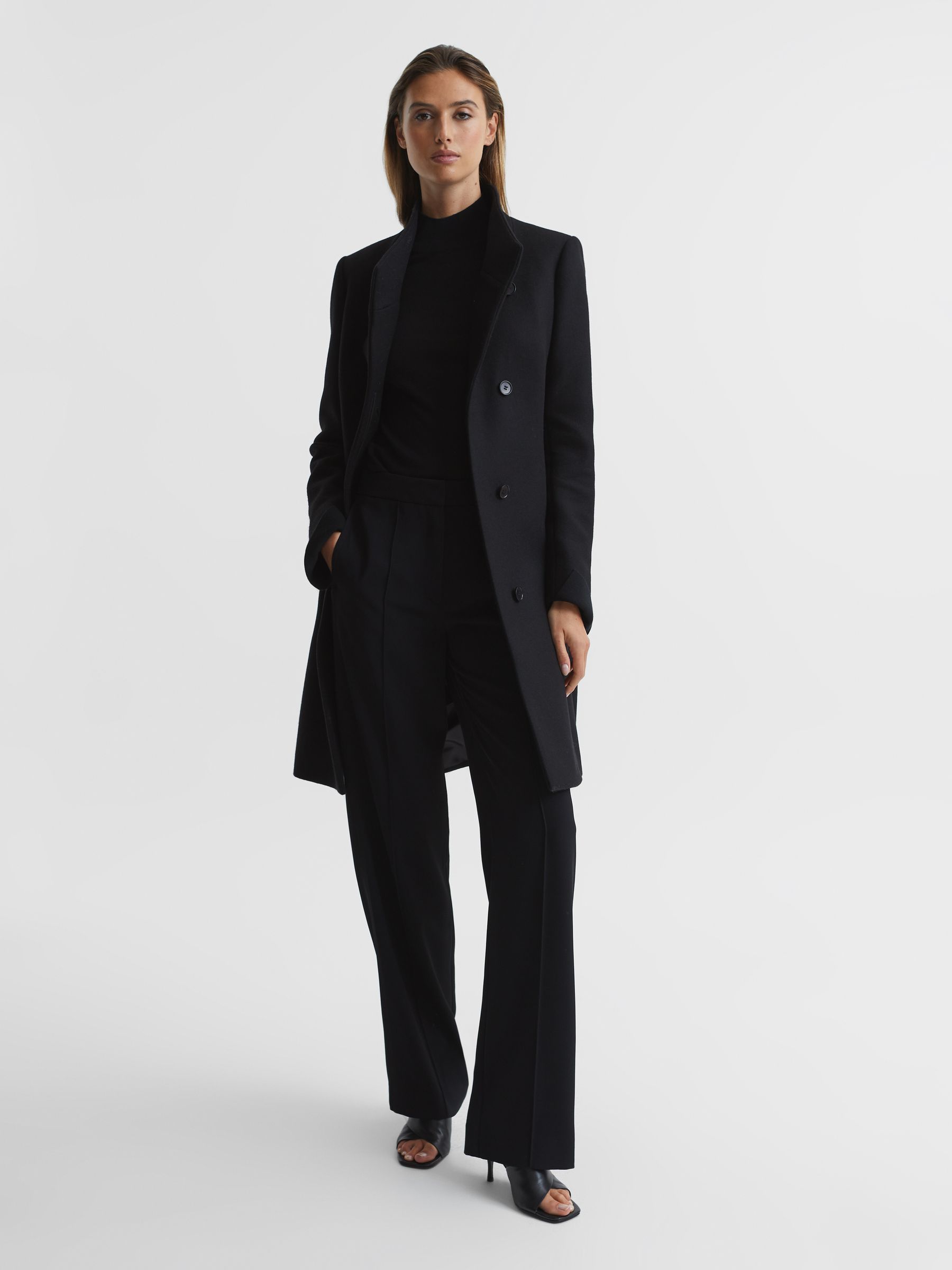 Wool Blend Mid-Length Coat in Black - Image 1 of 6