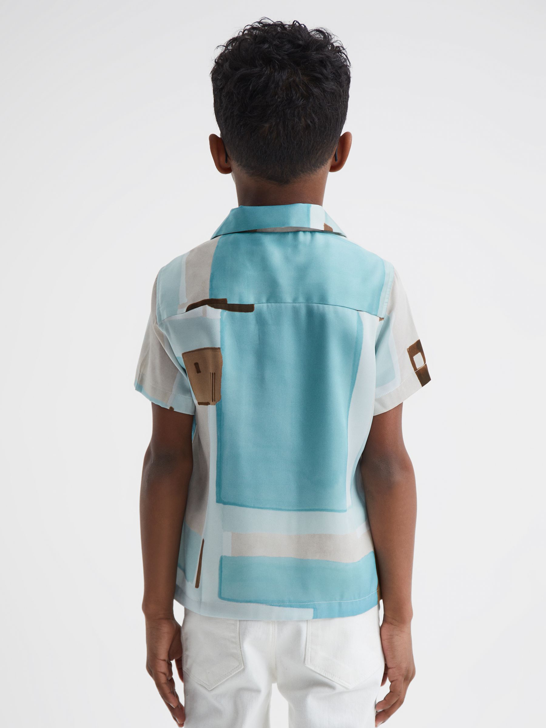 4-9 yrs Slim Fit Cuban Collar Abstract Print Shirt in Teal - Image 5 of 6