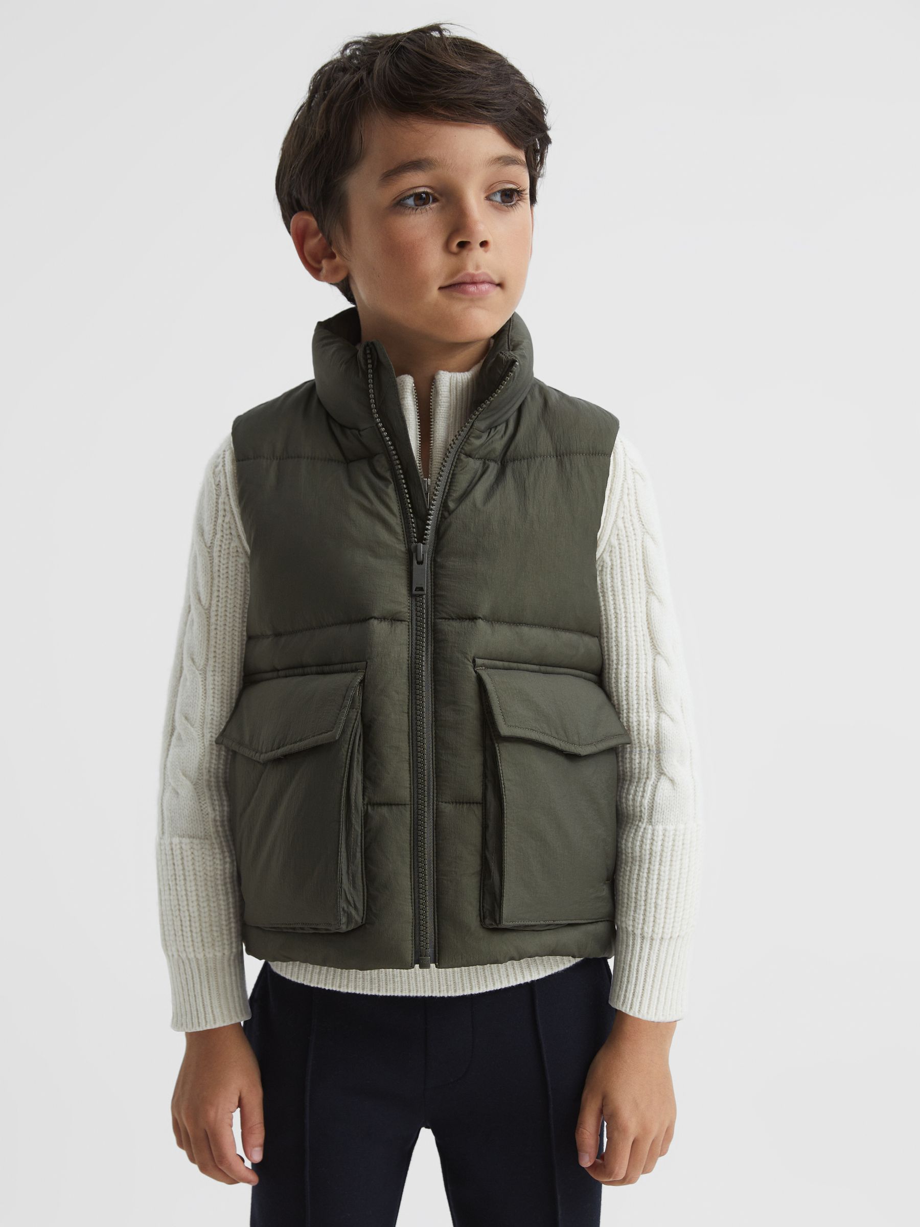 Senior Sleeveless Funnel Neck Puffer Gilet in Sage - Image 1 of 6