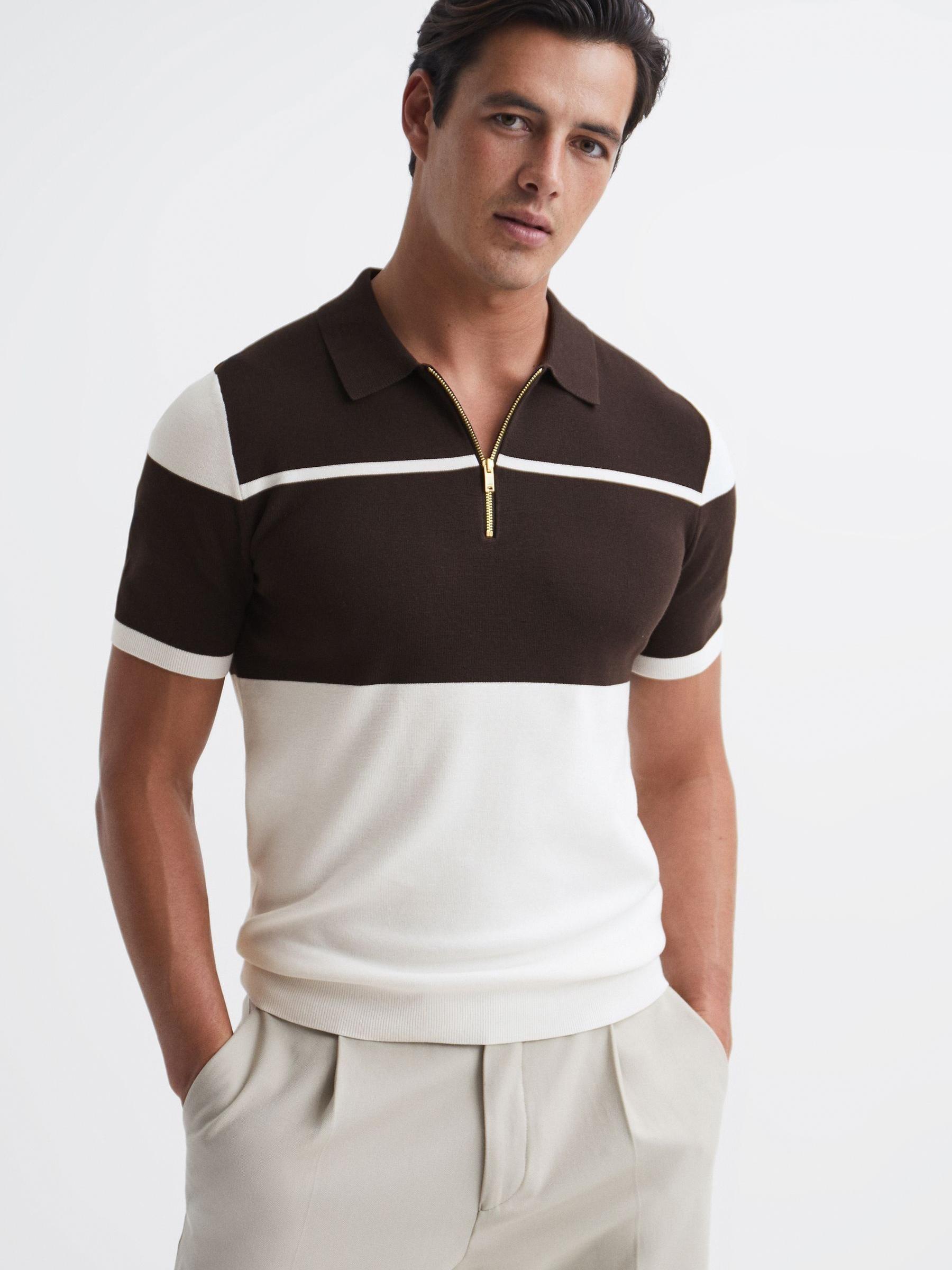 Slim Fit Half Zip Colourblock Polo Shirt in Chocolate/White - Image 1 of 6